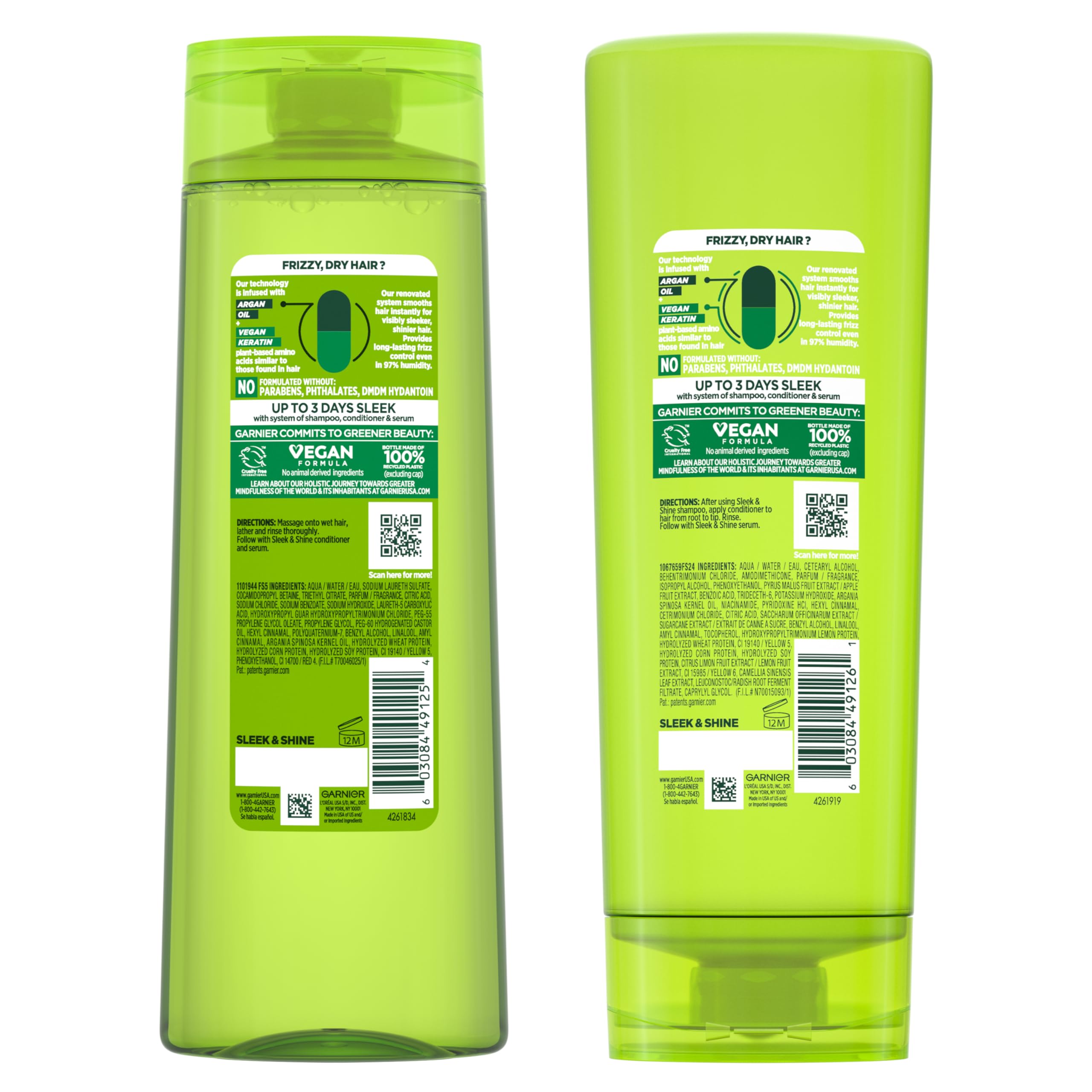Garnier Fructis Sleek & Shine Shampoo & Conditioner Set for Frizzy Dry Hair - 22oz Shampoo + 21oz Conditioner with Plant Keratin & Argan Oil - Hydrating Hair Care Duo for Smooth Shiny Locks - Perfect for Daily Use at Home or Travel