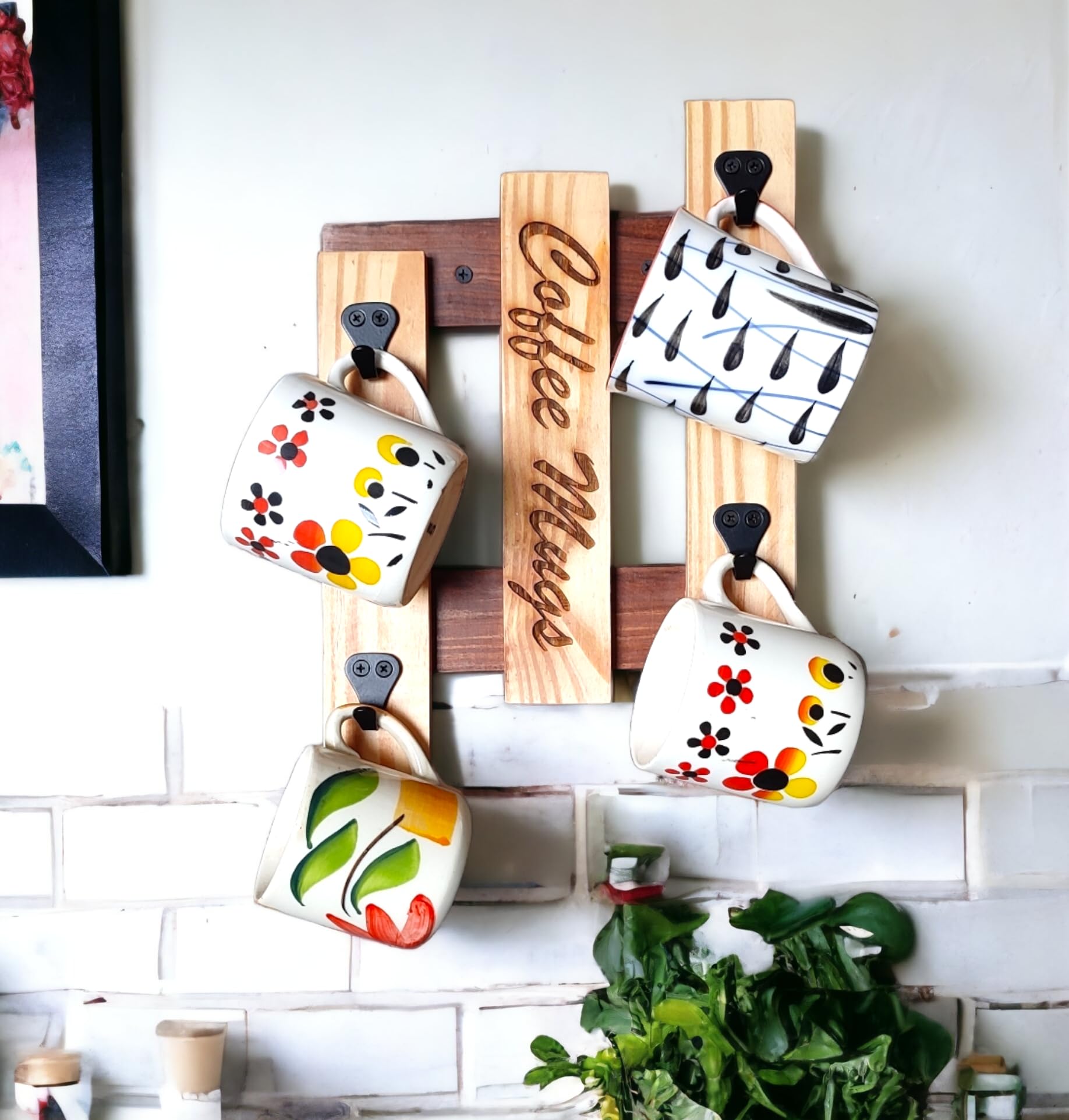 Fribiland Wooden Wall Mounted Cup Organizer - 4 Hook Coffee Mug Holder & Rack for Kitchen Display & Storage (13