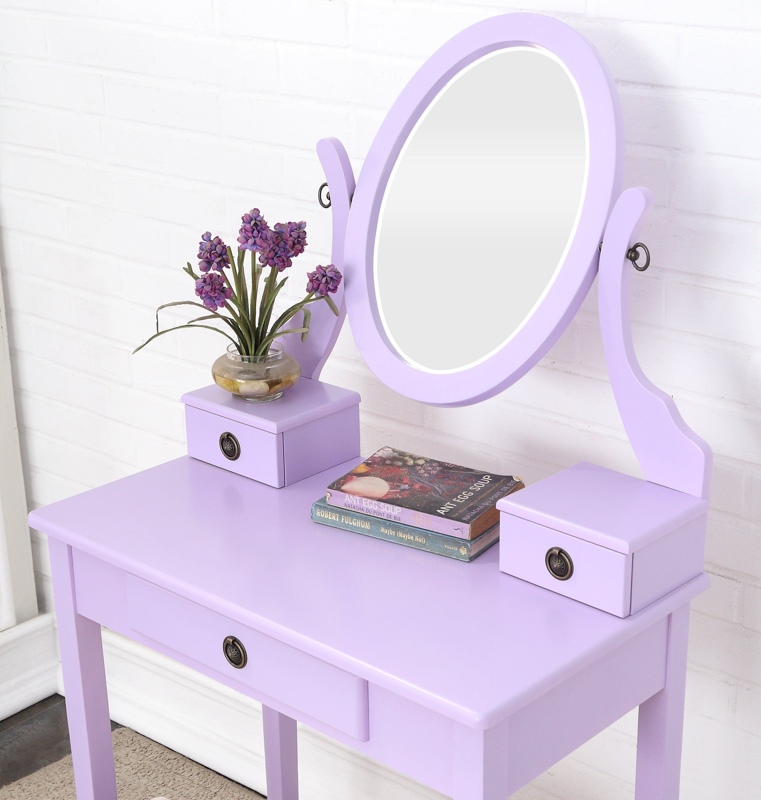 Roundhill Furniture Moniya Wood Makeup Vanity Table with Stool Set - Elegant Purple Dressing Table for Bedroom, Perfect for Makeup Application & Jewelry Storage