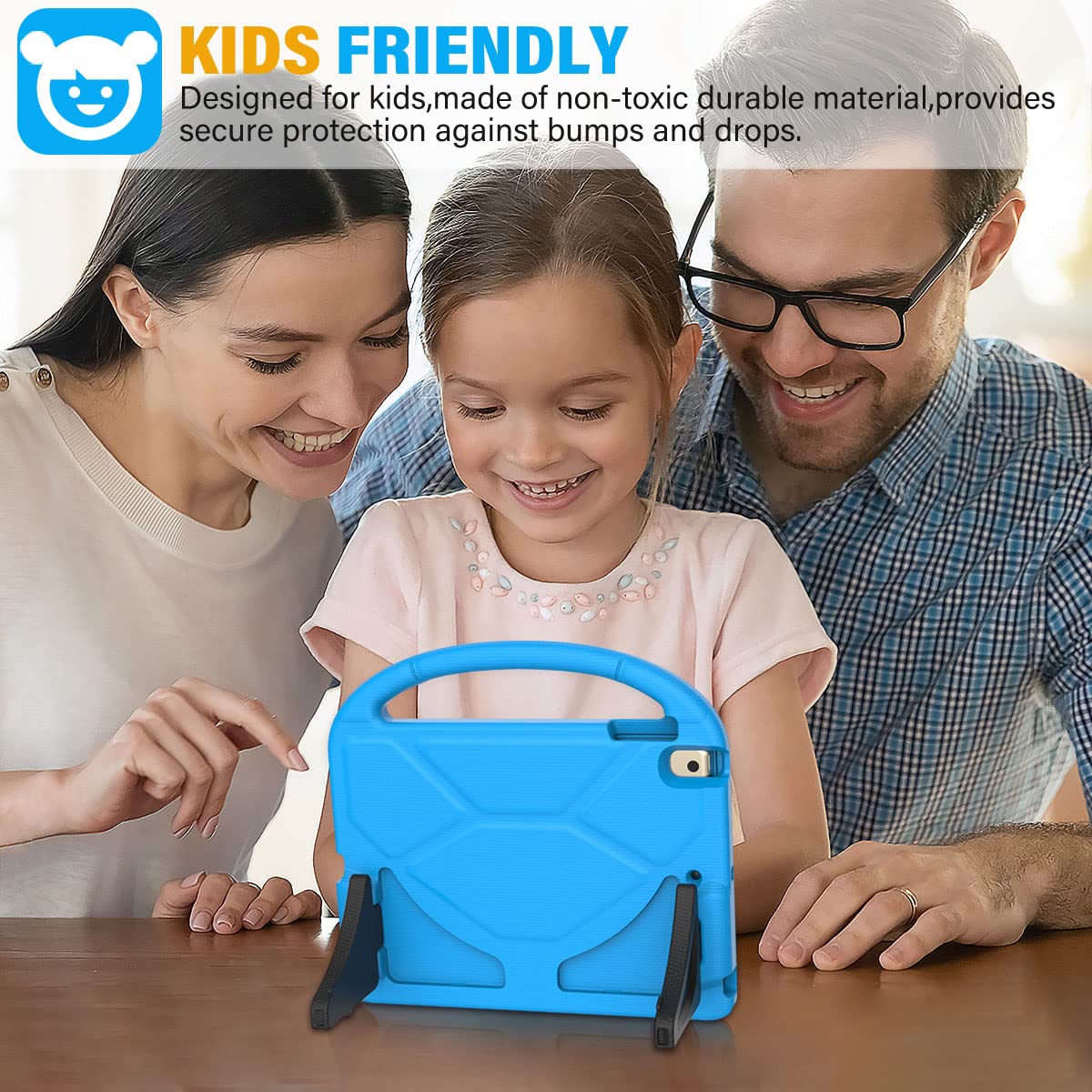 SUPLIK Kids Protective Case for iPad 5th/6th Generation (9.7 inch, 2017/2018), iPad Air 2/1 & iPad Pro 9.7 - Shockproof Cover with Built-in Screen Protector & Handle Stand - Blue - Perfect for School, Travel & Home Learning
