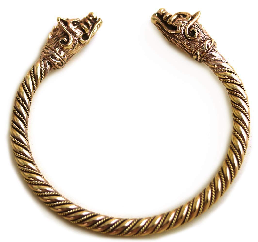 Bronze Norse Viking Boar Head Twisted Cable Bangle Cuff Bracelet Arm Ring - Pagan Jewelry for Men & Women - Perfect for LARP, Cosplay, Viking Reenactments and Medieval Festivals