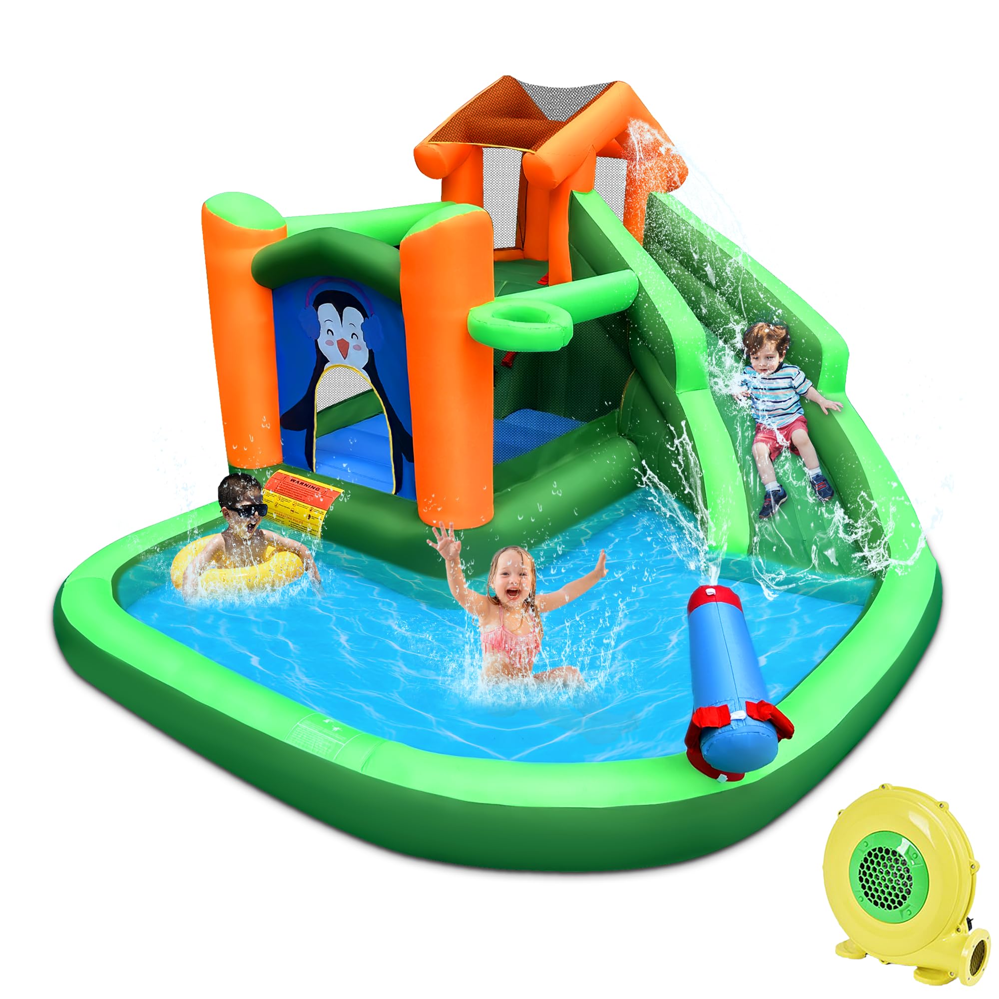 BestParty Inflatable Water Slide with Penguins Print - Kids Bounce House with Climbing Wall, Basketball Hoop & Splash Pool - Backyard Water Park for Summer Parties, Birthdays & Outdoor Fun - Includes Blower & Water Cannon