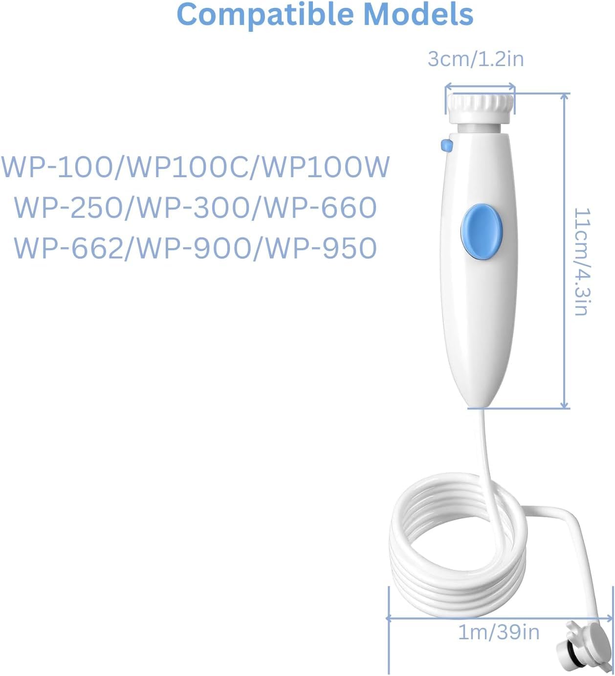 Waterpik Replacement Hose and Handle for WP-100 WP-300 WP-660 WP-900 Series - Oral Irrigator Accessories Parts for Dental Care & Teeth Cleaning at Home