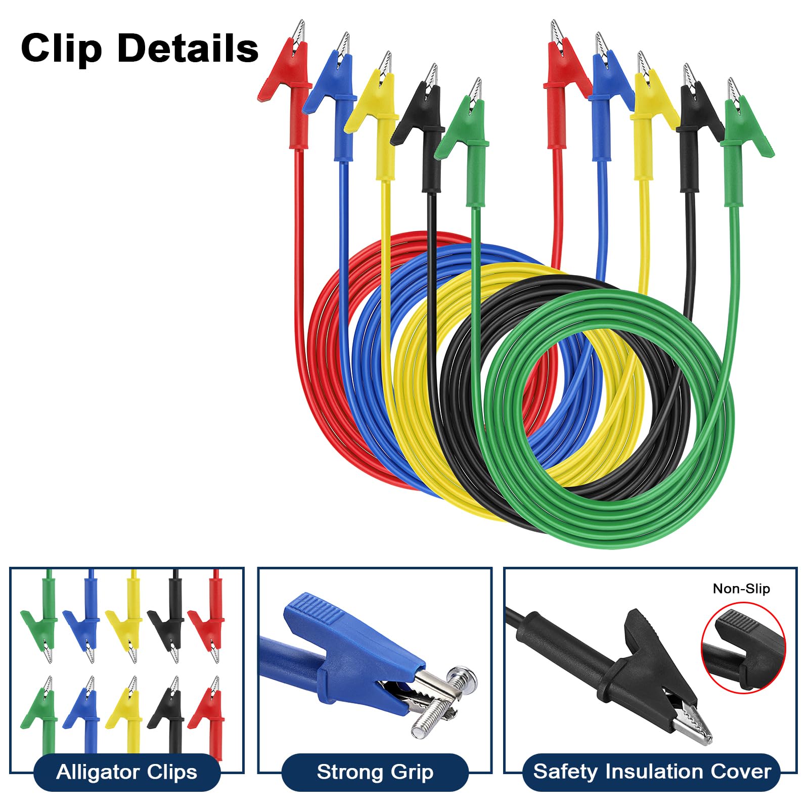 5 Pack Alligator Clips Test Leads - Dual Ended Copper Clamps for Electrical Testing in Labs & DIY