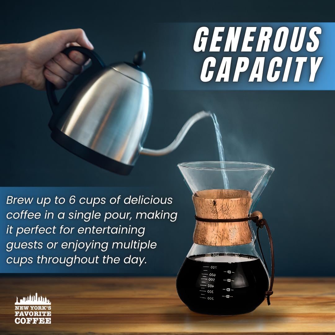 Premium 6-Cup Pour Over Coffee Maker - Borosilicate Glass Carafe with Wooden Collar for Home & Office Brewing