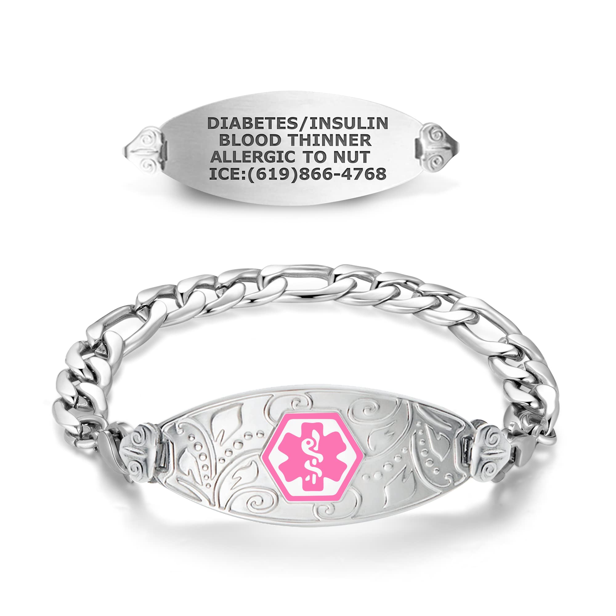 Divoti Custom Engraved Medical Alert Bracelets for Women - Stainless Steel Medical ID Bracelet with Free Engraving - Elegant Filigree Tag & Figaro Chain - Adjustable Size & Color Options - Perfect for Diabetes, Allergies & Emergency Medical Identification