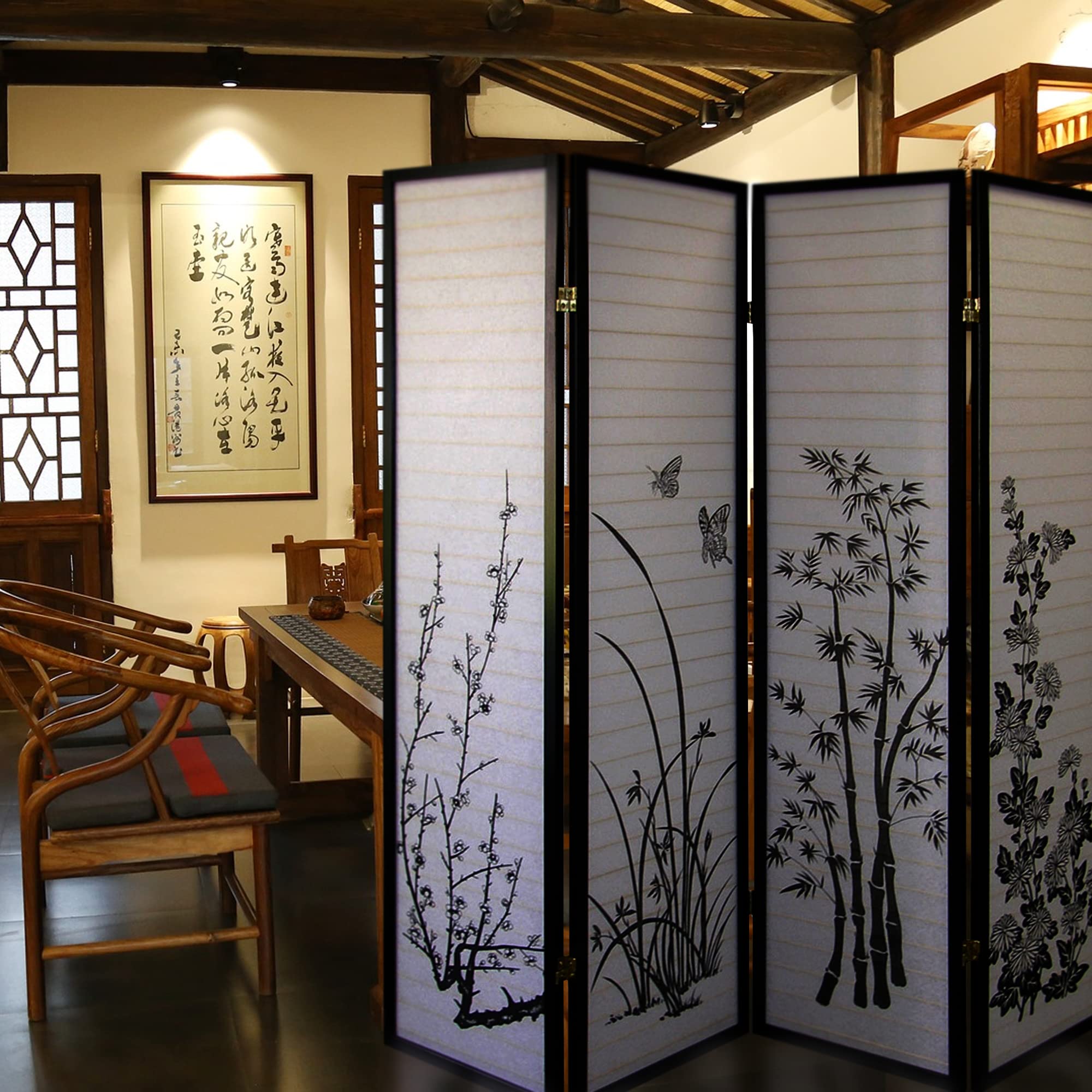 ORE International R590-4-A 4-Panel Bamboo Floral Room Divider Screen - Elegant Privacy Partition for Bedroom, Living Room & Office Decor