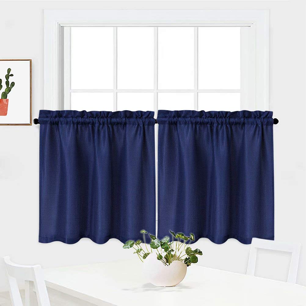 Waterproof Waffle Woven Half Window Curtains for Bathroom & Kitchen - Navy Blue Set of 2 (30