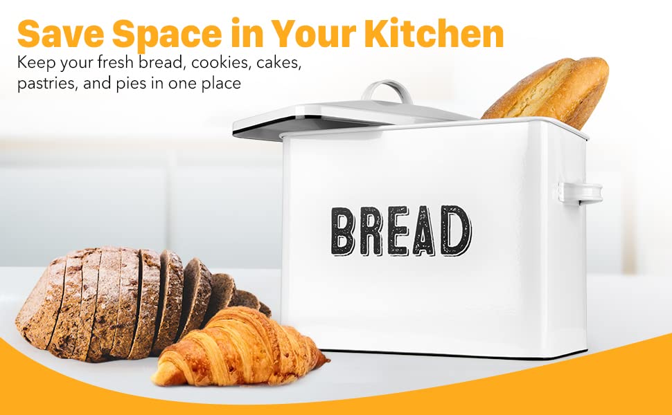 Granrosi Large Farmhouse Bread Box with Metal Lid - White Bread Storage Container for Kitchen Countertop - Perfect for Storing Bread, Baguettes, Rolls & Pastries to Keep Fresh Longer