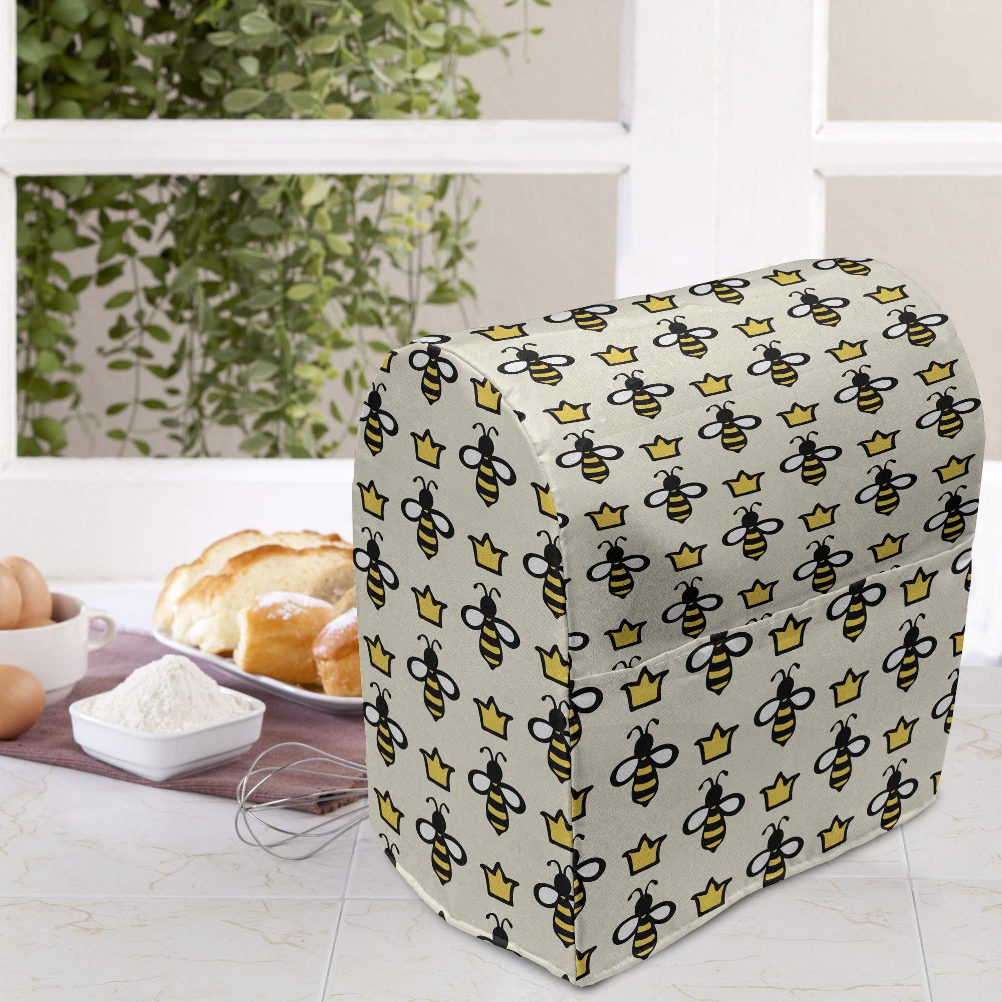 Ambesonne Queen Bee Stand Mixer Cover - Hand-Drawn Cartoon Bees & Crowns Design, 6-8 Quart Kitchen Appliance Organizer with Pocket, Eggshell Mustard - Perfect for Baking & Kitchen Organization