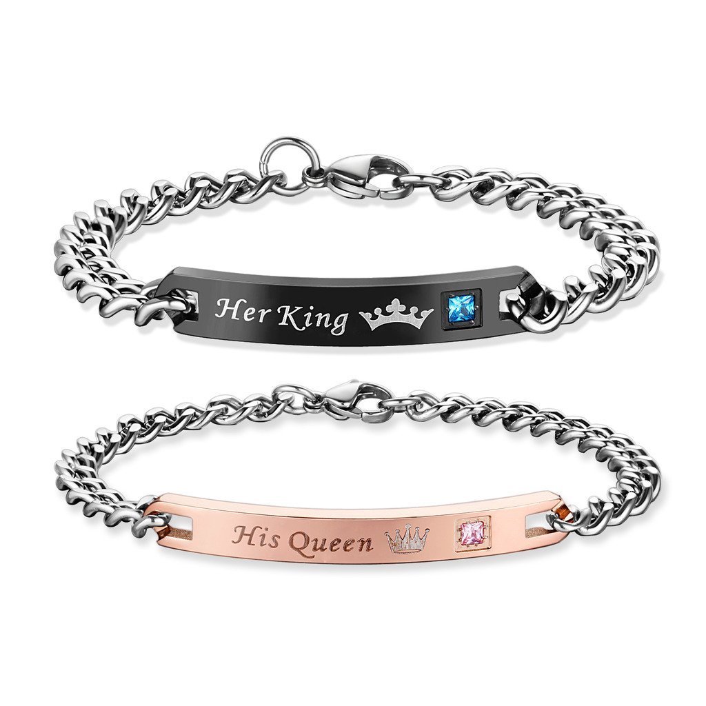 King Queen Couple Bracelets - Engraved Crown Stainless Steel Adjustable Bracelet Set in Rose Gold & Black for Him & Her - Romantic Gift for Wife, Husband, Anniversary, Valentine's Day