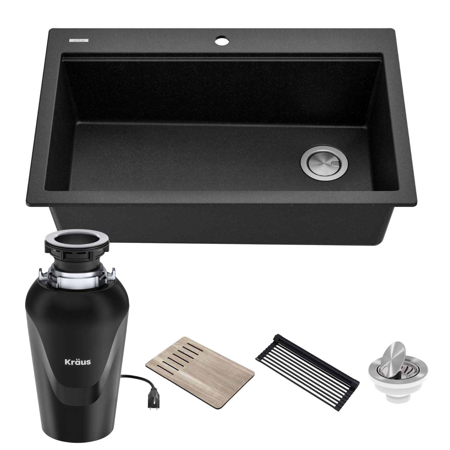 KRAUS Bellucci 33-Inch Drop-In Granite Composite Single Bowl Kitchen Sink in Metallic Black with Accessories & WasteGuard™ Garbage Disposal - Durable, Stylish for Modern Kitchens | Perfect for Meal Prep, Dishwashing & Entertaining