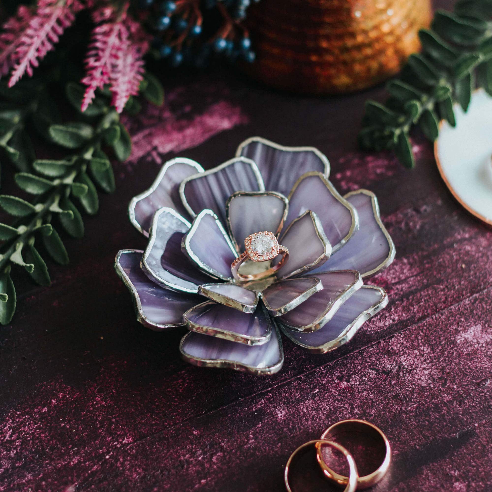 Opalescent Glass Ring Holder - Elegant Jewelry Dish & Flower Ring Tray for Engagement, Wedding, Anniversary - Perfect Valentine's Day Gift & Wedding Decor (Purple) | Ideal for Displaying Rings, Earrings, and Small Trinkets on Dresser, Vanity or Bridal Shower Decor