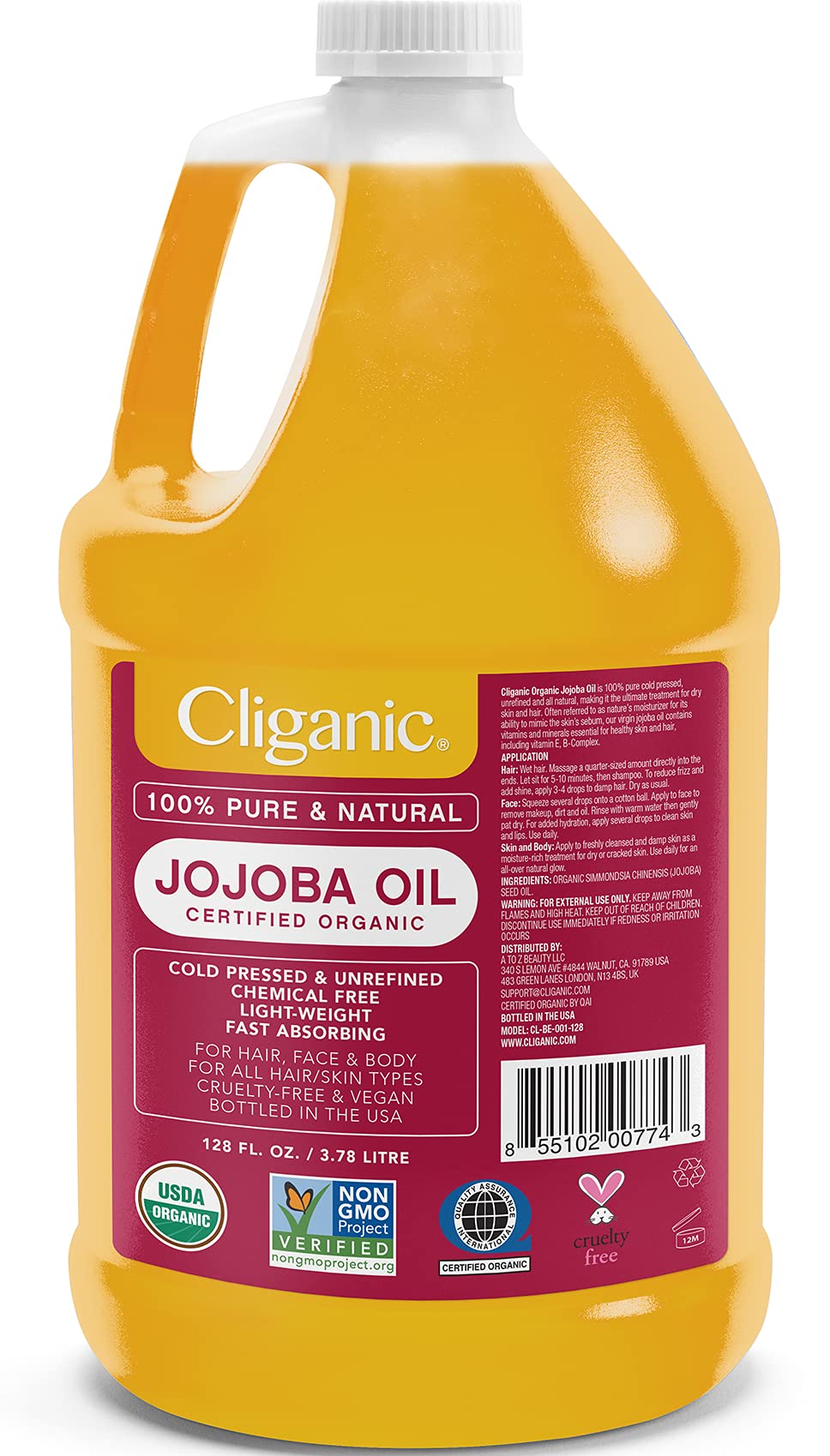 Cliganic Organic Jojoba Oil 128oz (1 Gallon) - 100% Pure, Cold Pressed, Non-GMO, Unrefined - Perfect for Hair Care, Skin Moisturizing & DIY Beauty Products