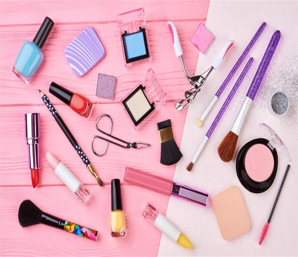 10x8ft Pink Cosmetic Photography Backdrop - Makeup Set with Eyelash Curler, Eyeshadow, Lipstick, Nail Polish & Mirror for Fashion Portraits & Beauty Videos | Perfect for YouTube, Instagram & TikTok Content Creation