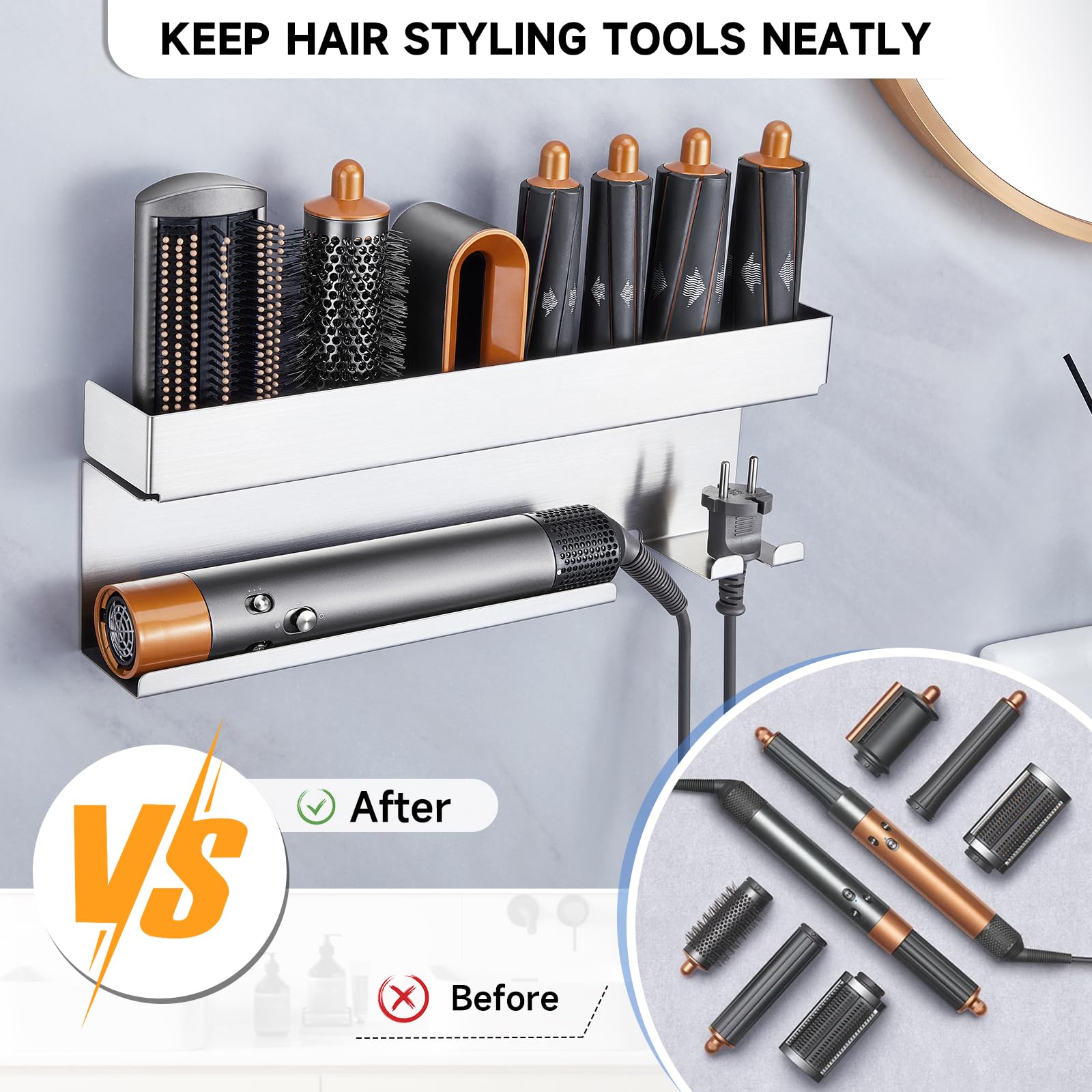 Stainless Steel Wall Mount Hair Tool Organizer - Hair Dryer Holder & Curling Iron Wand Accessories Storage for Bathroom | Perfect for Styler Attachments, Hair Straightener & Beauty Tools Organization