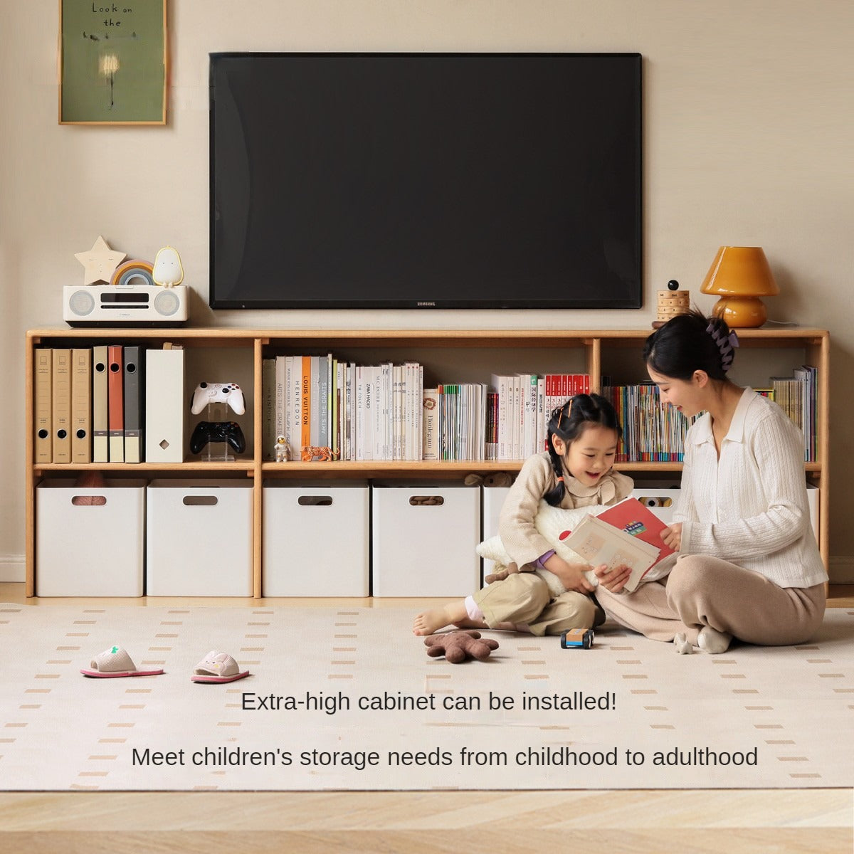 Modern Oak Solid Wood TV Stand with Storage - Minimalist Design for Living Room, Kids Toy Organizer & Media Console - Perfect for Home Entertainment & Playroom Organization