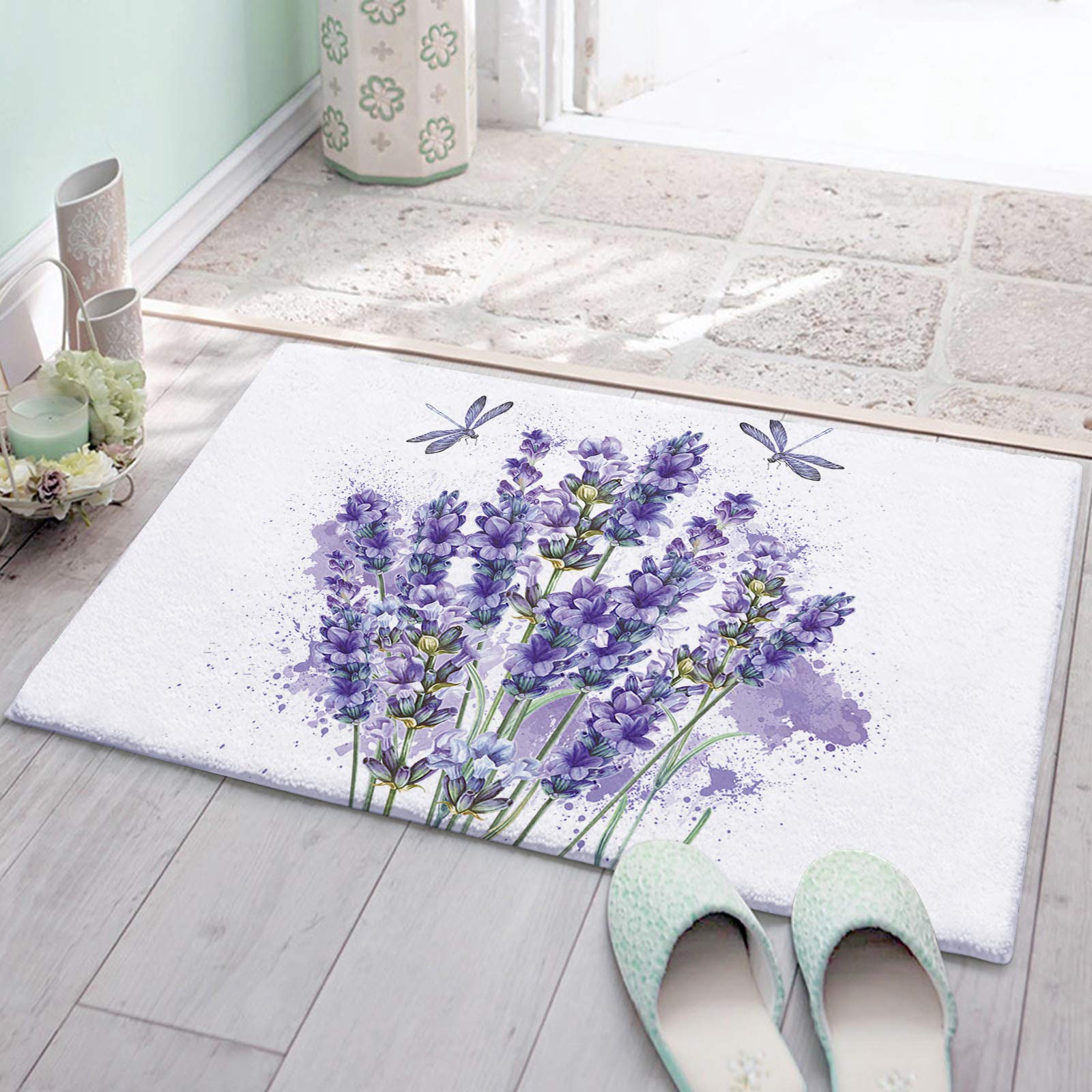 **Luxury Absorbent Bath Rug - Super Soft Plush Shaggy Doormat, Non-Slip Floor Mat for Bathroom, Shower & Kitchen, 18x30 Inches, Purple Lavender with Dragonfly Design - Perfect for Cozy Home Decor & Spa-Like Comfort**