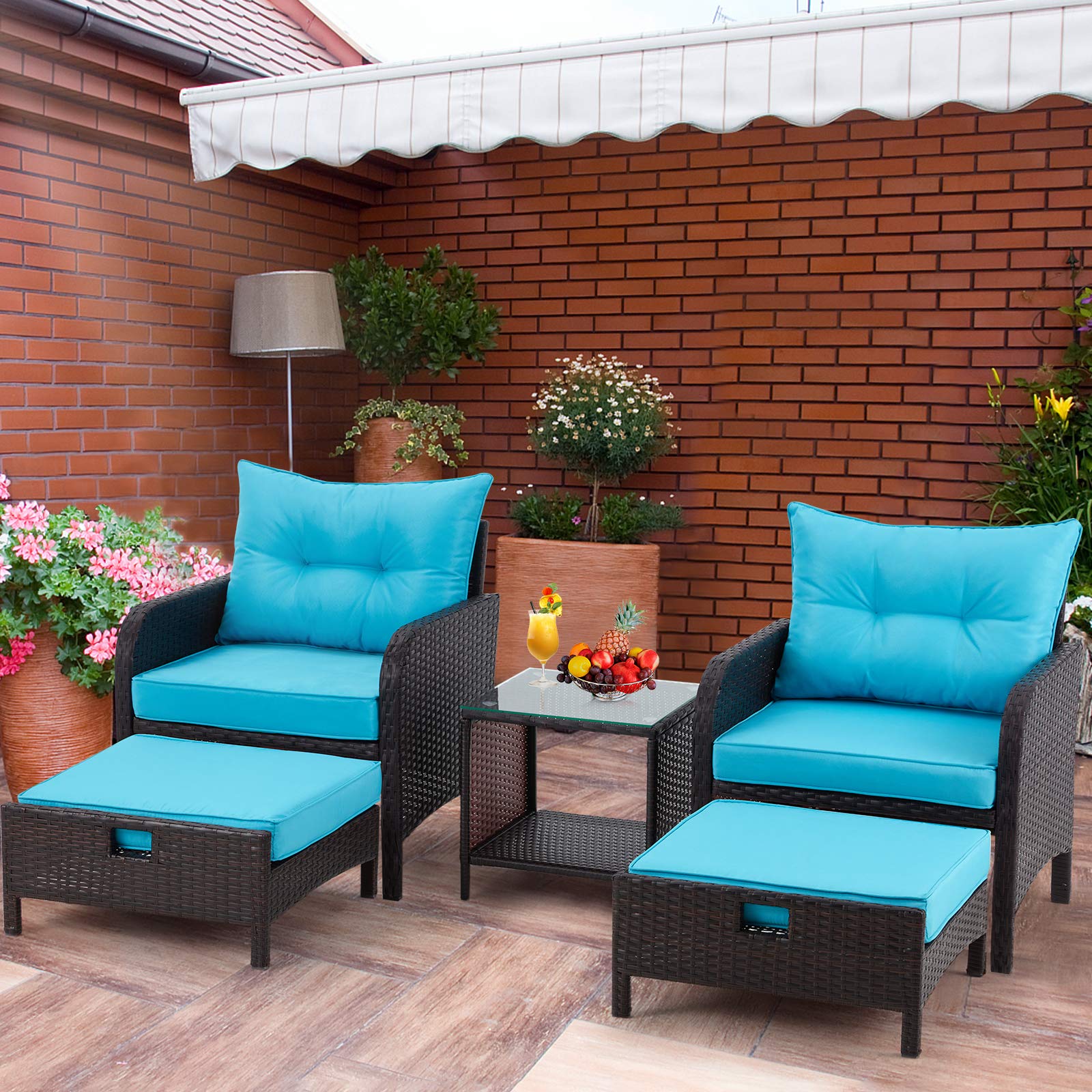 AVAWING 5-Piece Outdoor Patio Furniture Set - Rattan Wicker Chairs with Tempered Glass Coffee Table, Ottomans & Soft Cushions - Weather-Resistant Garden, Porch, Deck, Balcony Conversation Set (Blue) - Perfect for Backyard Relaxation, Poolside Lounging & Outdoor Entertaining