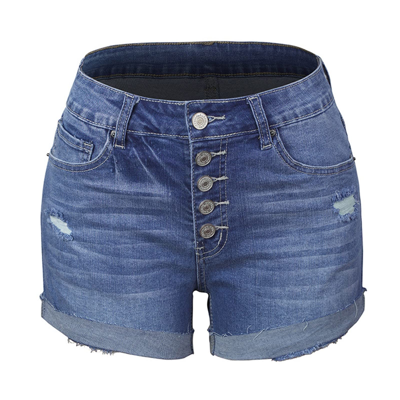 Women's Stretchy High Waisted Ripped Denim Shorts - Cuffed Hem Distressed Jean Shorts for Summer | Perfect for Beach, Music Festivals & Casual Outfits