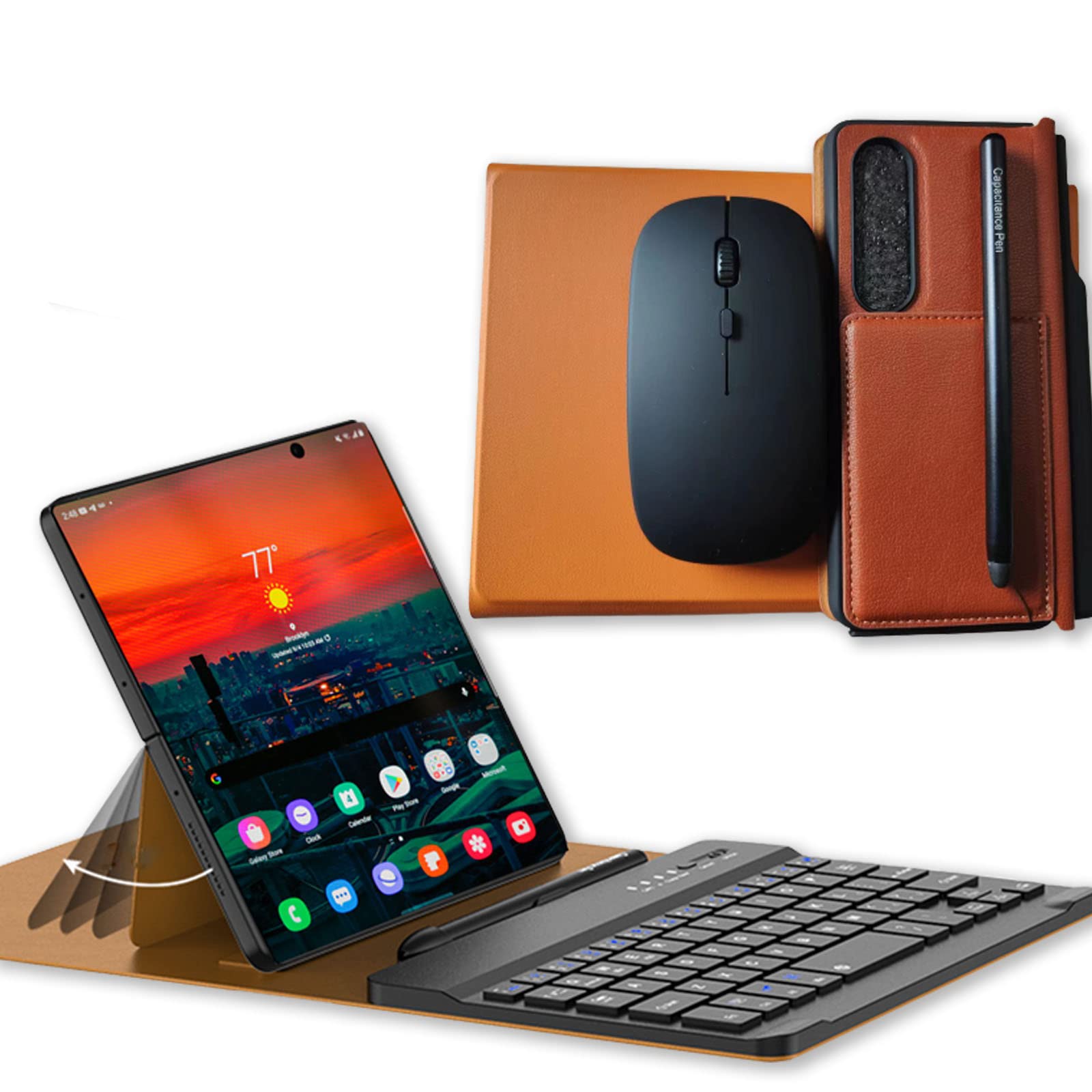 Premium Samsung Galaxy Z Fold 4 Keyboard Case - Bluetooth Keyboard Cover with Wireless Mouse & Stylus Pen | Protective Case with Card Holder (Brown) | Perfect for Business Travel, Remote Work & Mobile Productivity