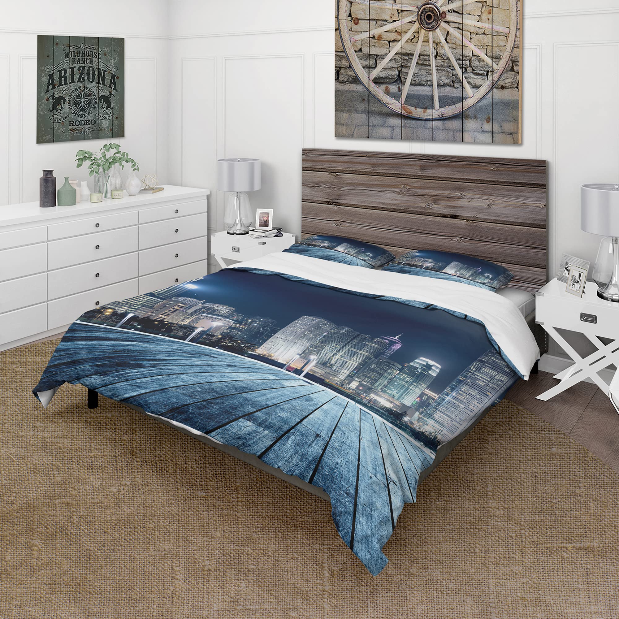 DesignQ Blue Hong Kong City Skyline Industrial Duvet Cover Set - Twin Size 3-Piece Architecture Bedding | All Season Comfort for Modern Bedrooms & Urban Loft Decor