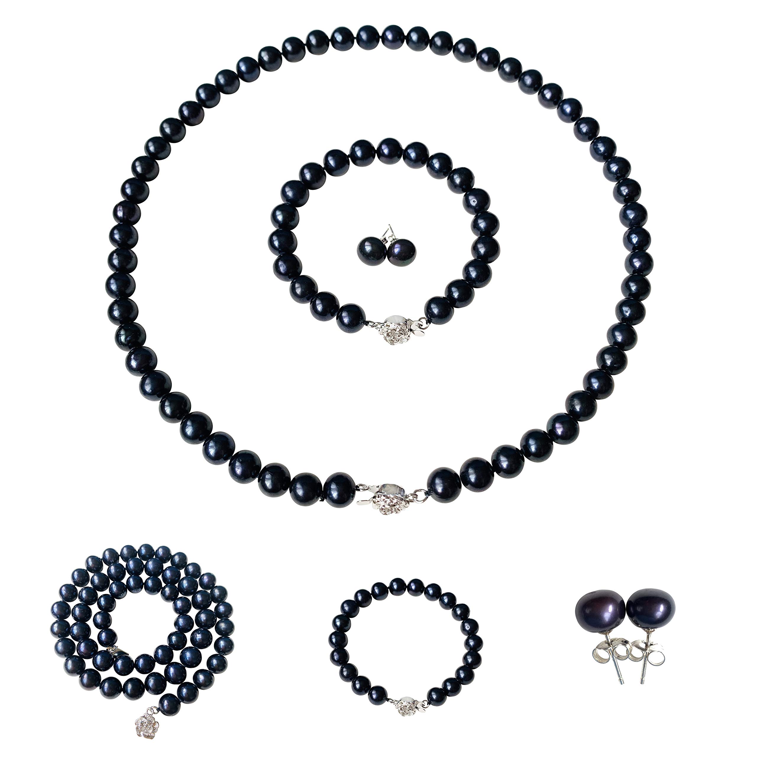 Pearl Romance II Round Black Pearl Necklace Bracelet & Earrings Set for Women - 3 Piece Jewelry Set with Genuine Cultured Freshwater Pearls - Perfect for Christmas Gifts, Weddings, and Formal Occasions