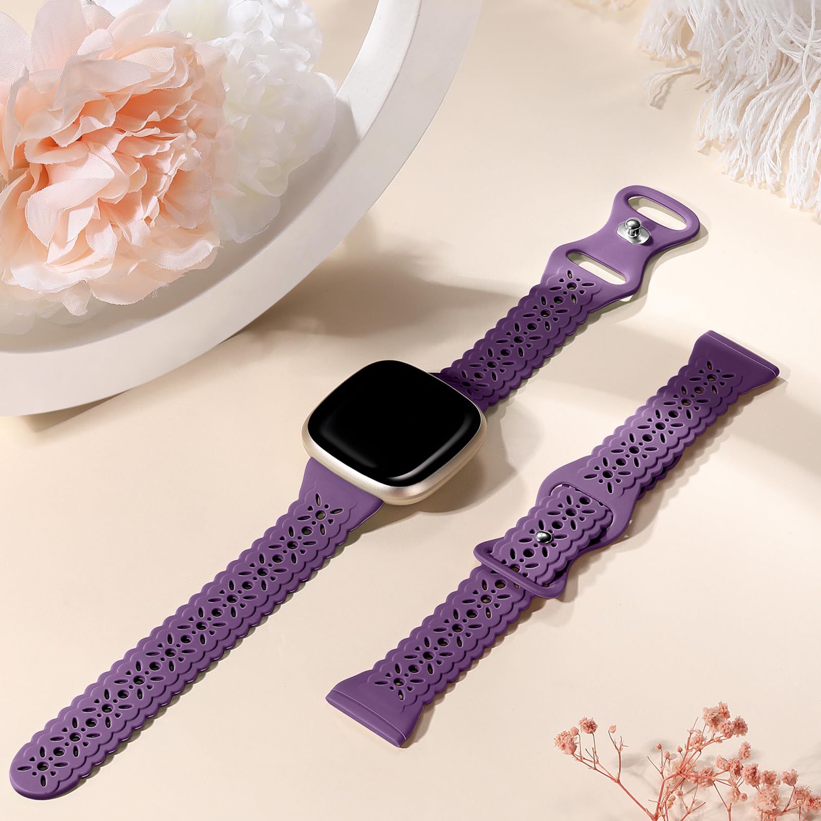 Dirrelo Soft Silicone Replacement Band Compatible with Fitbit Versa 3/Sense/Versa 4/Sense 2 - Breathable Hollow-Out Sport Strap for Women | Perfect for Workouts, Running & Daily Wear