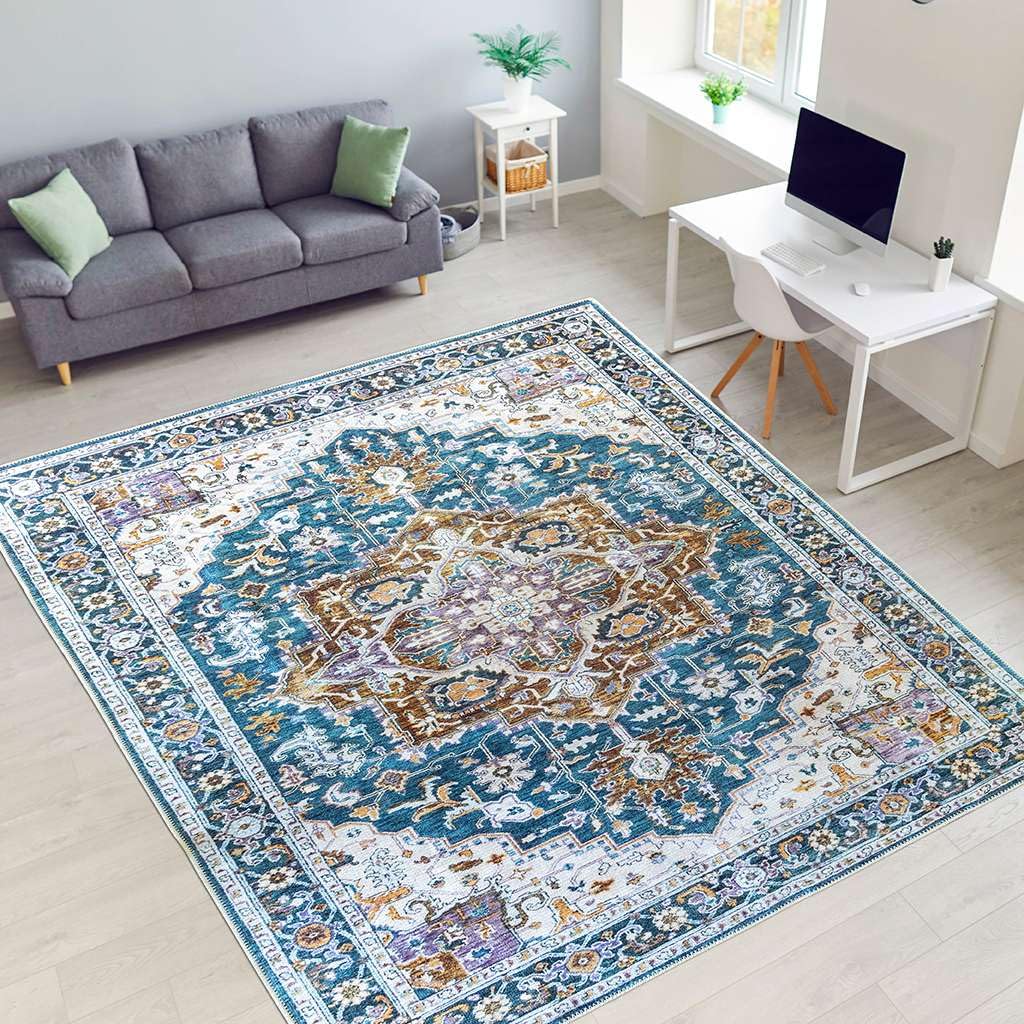 Soft Woven 8x10 Washable Cotton Rug - Non-Slip Vintage Area Rug for Living Room & Hallway | 90% Cotton, Pet-Friendly, Stain & Shed Resistant | Perfect for Home Decor, Bedroom, Office & High Traffic Areas (Blue Multi-Flower Design)