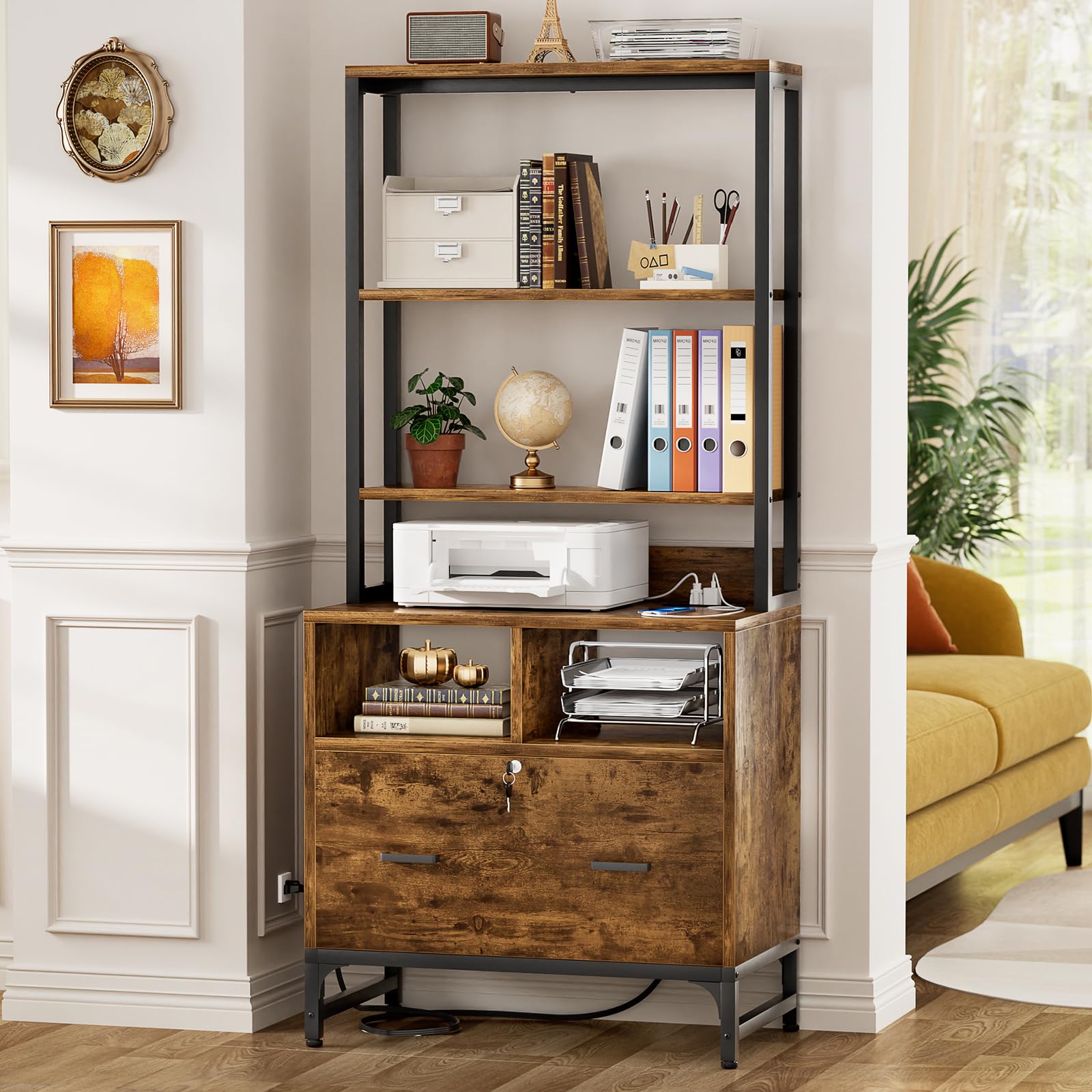 Homieasy Vertical File Cabinet with Charging Station & Lock - Rustic Brown Office Storage Cabinet for Letter/A4/Legal Size Files - Includes Large Drawer, Storage Shelves & Printer Stand - Perfect for Home Office Organization & Workspace Efficiency