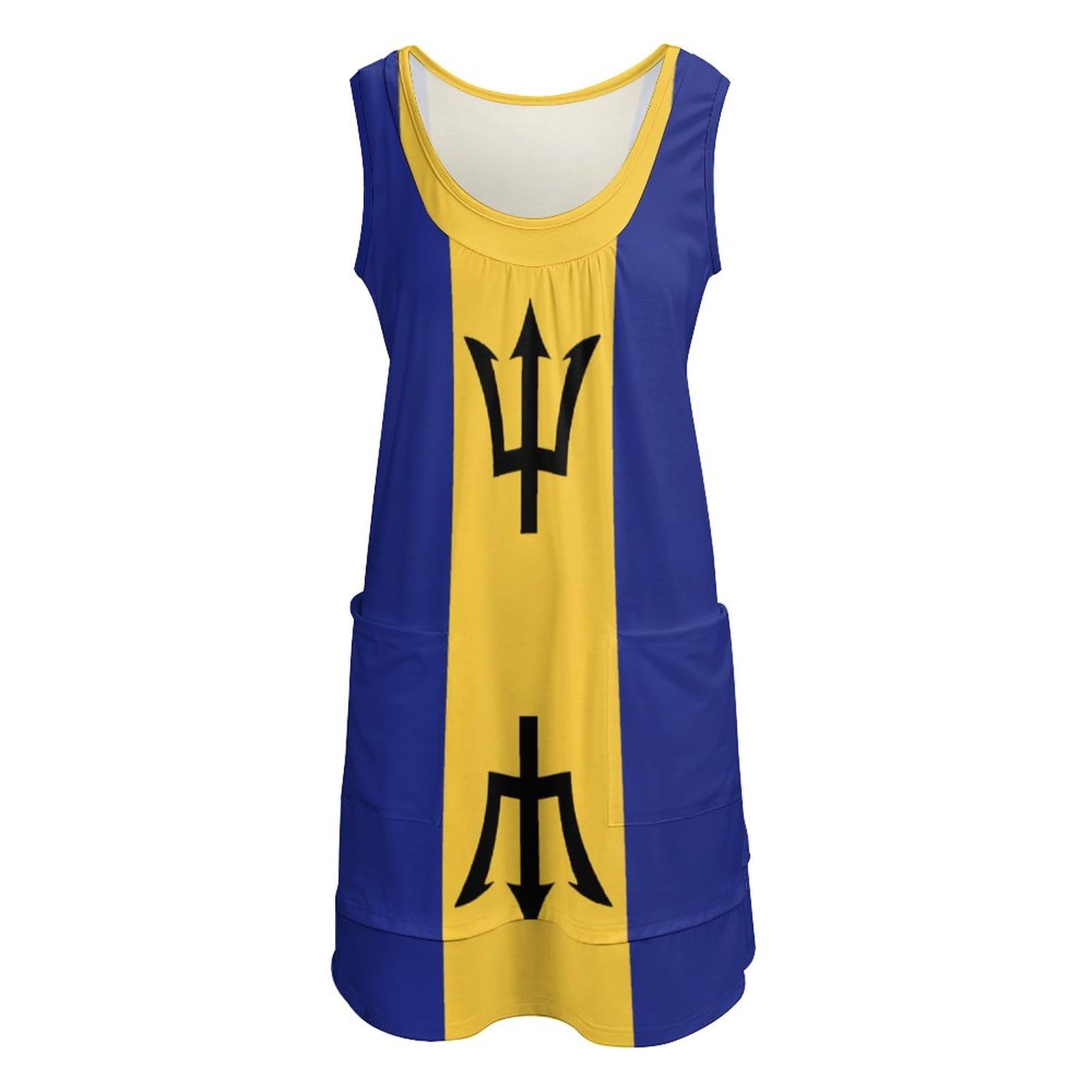 TAIZIYEAH Women's Barbados Flag Print Casual Sleeveless U-Neck Fake Two Piece Summer Dress - Beach Vacation, Tropical Party & Patriotic Outfit