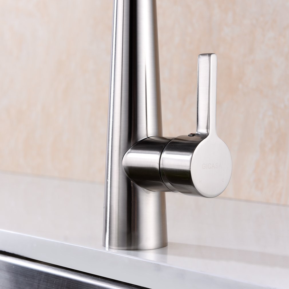 Commercial Heavy Duty Spring Single Handle Brass Kitchen Faucet with Pull Down Sprayer & Pot Filler, Stainless Steel Brushed Nickel for Modern Kitchens and Restaurants