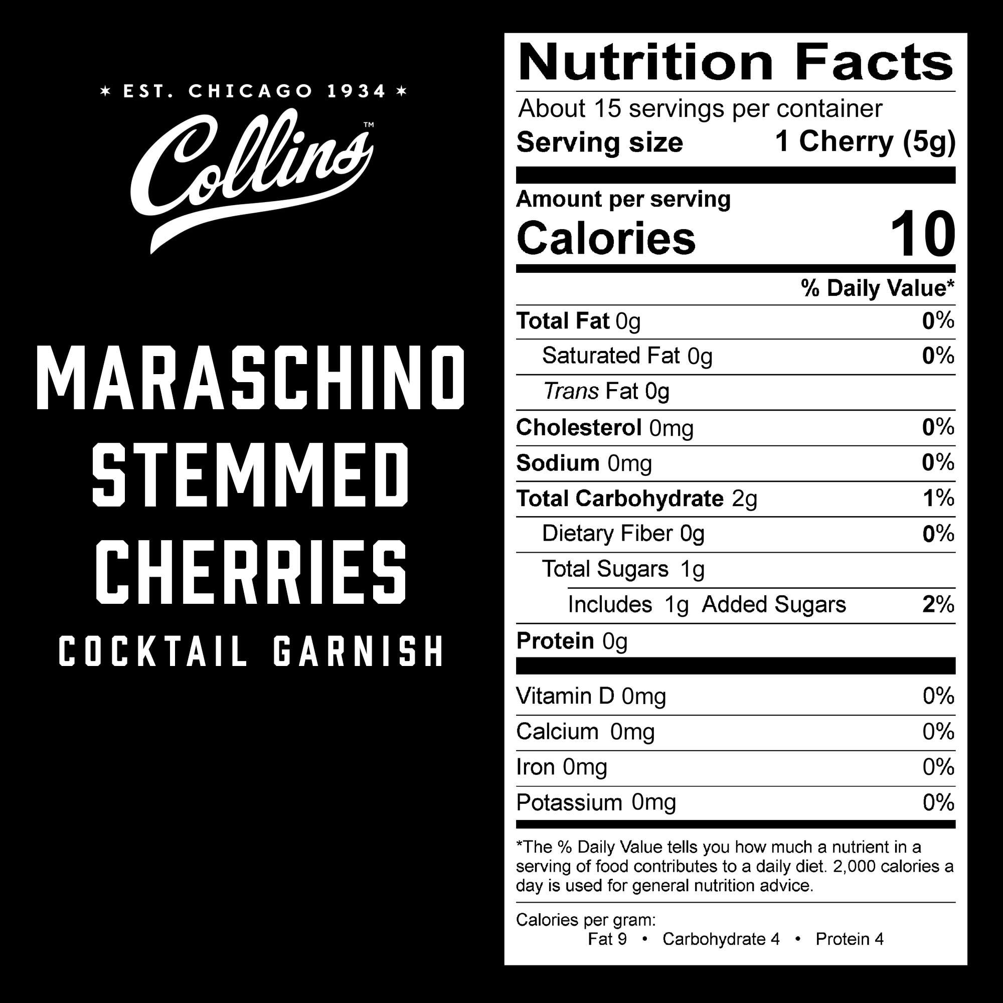 Collins 10 oz Cocktail Cherries with Stems - Premium Black Garnish for Martinis, Old Fashioned & Desserts - 10 Ounce Jar