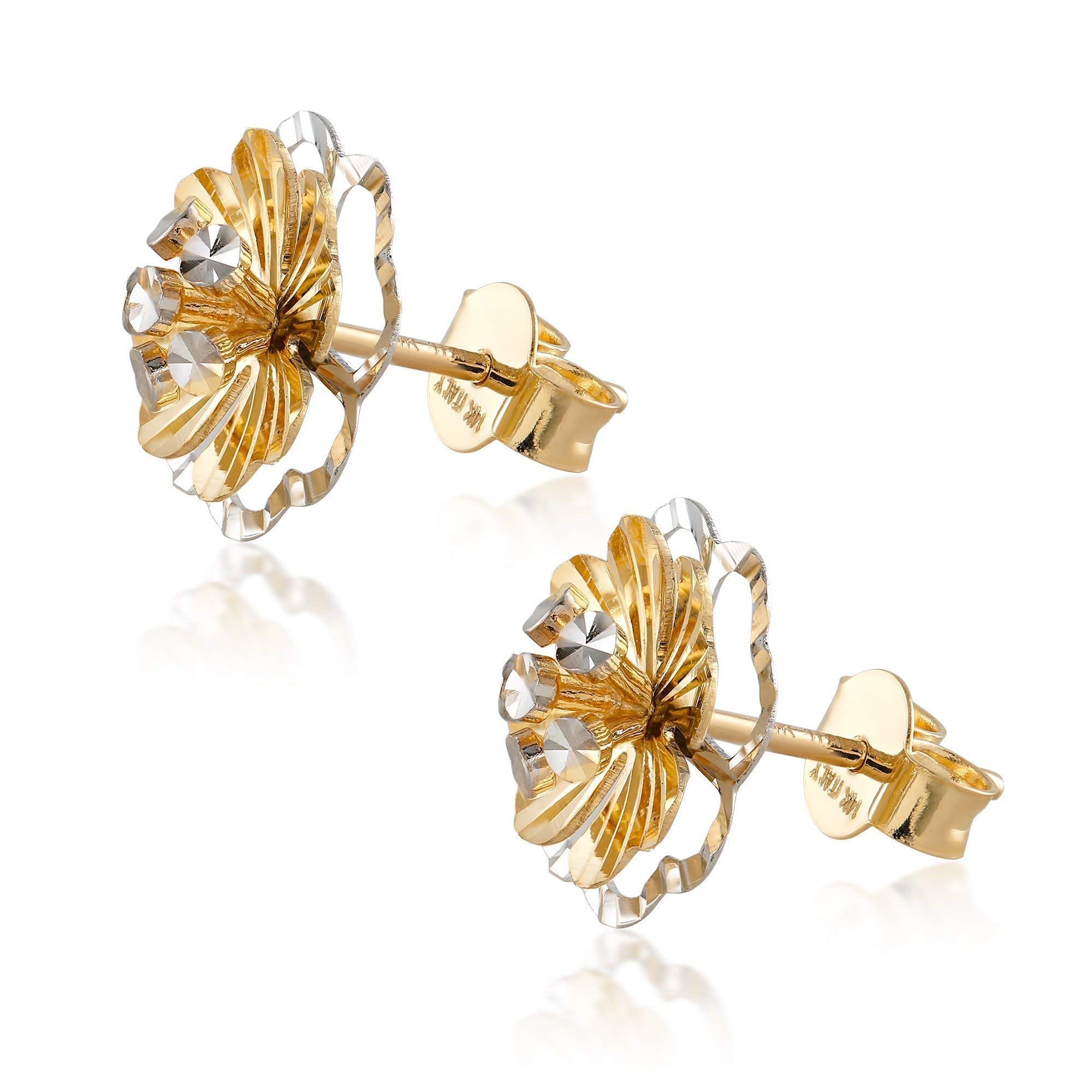 14K Two-Tone Gold Flower Stud Earrings for Women - Elegant Fine Jewelry Gift for Her - Perfect for Weddings, Parties & Everyday Wear