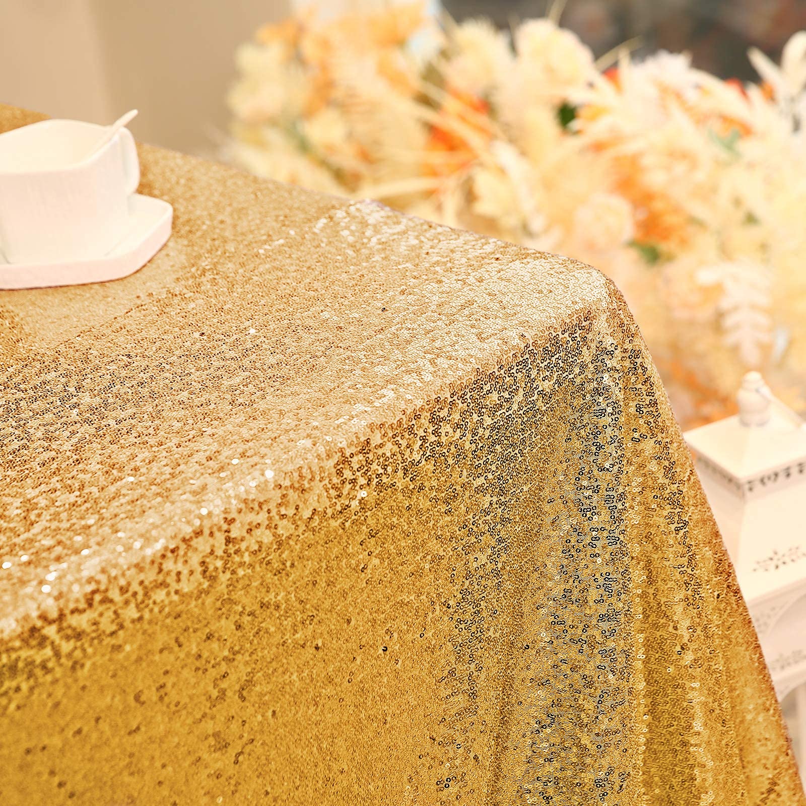 Gold Sequin Tablecloth 90x90 Inch - Glitter Shimmer Square Table Cover for Wedding, Baby Shower, Birthday Party, Dinner Decor - Perfect for Cake, Dessert & Food Display Tables