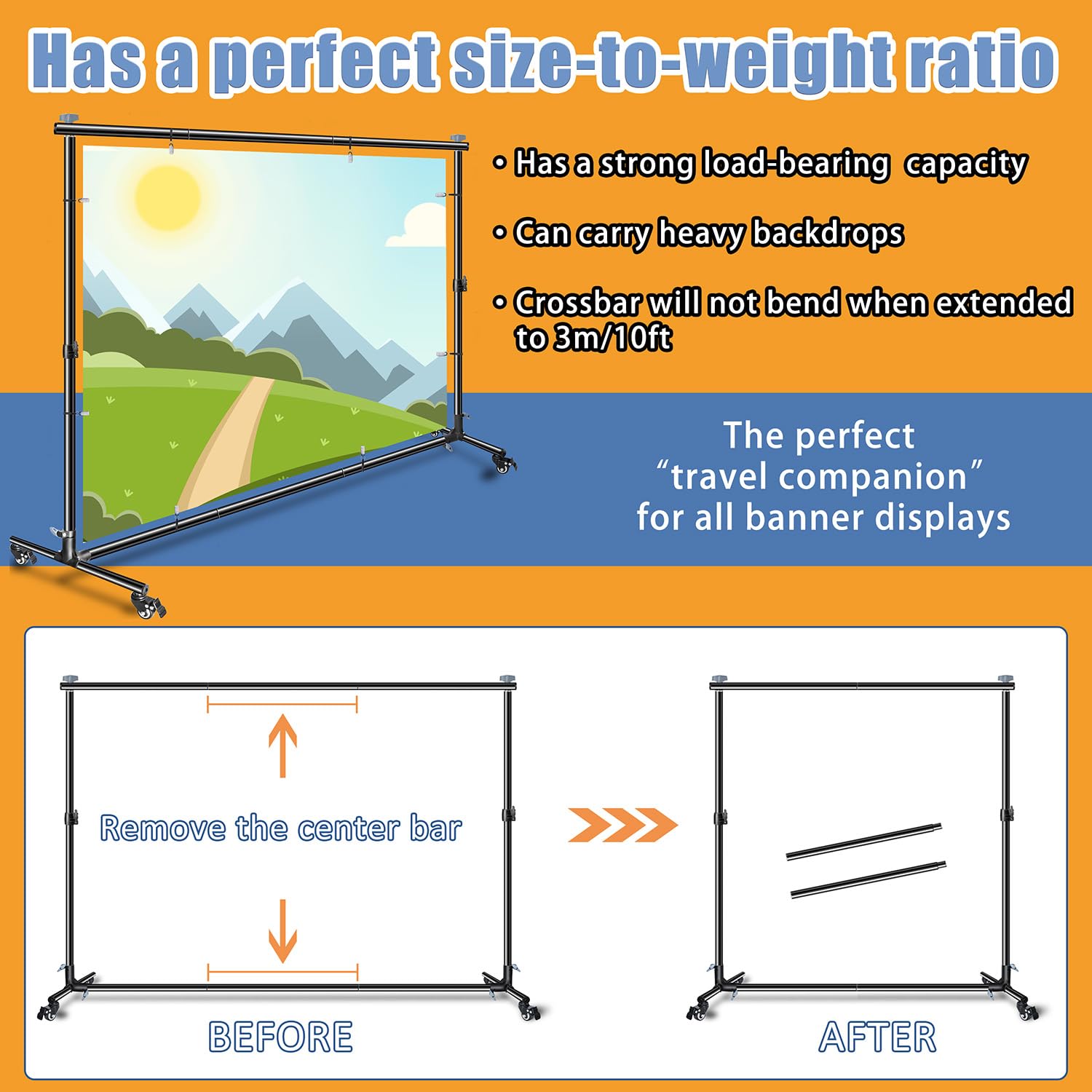 Heavy Duty Backdrop Stand with Wheels - 10x7ft Adjustable Photo Background Stand for Photography, Studio, Parties, Birthdays | Portable & Sturdy for Indoor & Outdoor Events