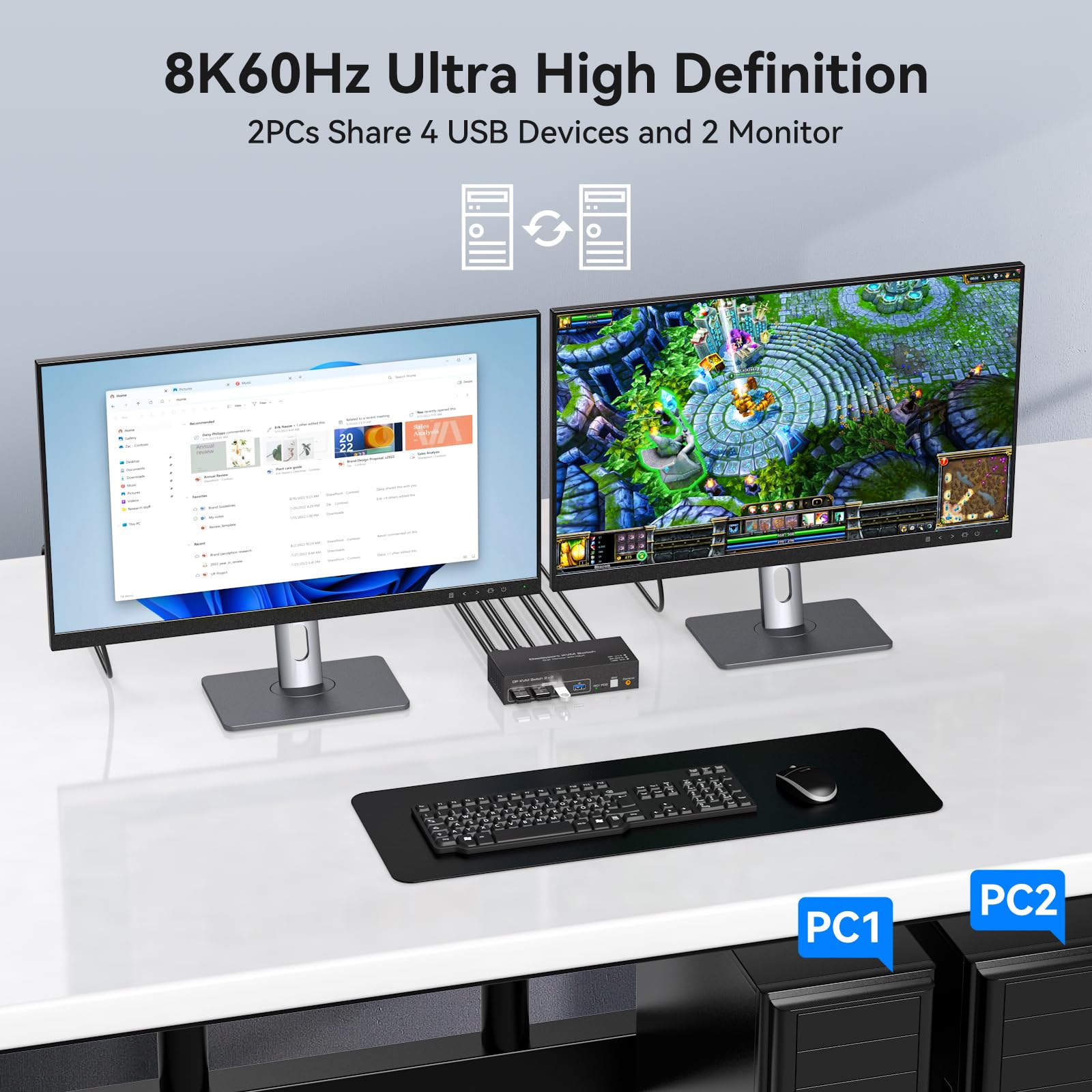 TJCXELE 8K60Hz/4K120Hz DisplayPort KVM Switch for 2 Monitors & 2 Computers - USB 3.0 Dual Monitor Sharing Hub with 4 USB Ports | Supports Extend & Copy Modes | Wired Controller Included | Perfect for Home Office, Gaming & Multi-Tasking Workstations