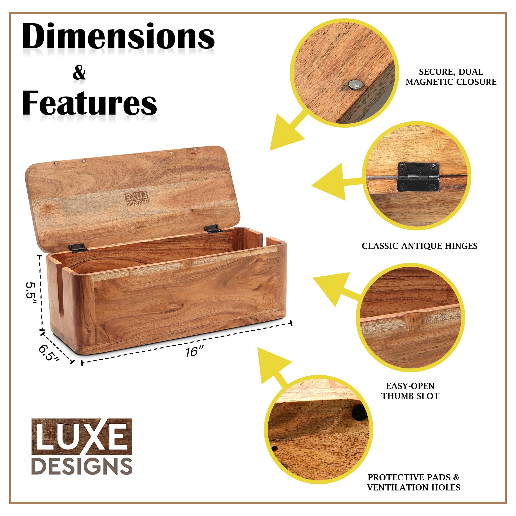 Premium Acacia Wood Cable Management Box - Organize & Hide Desk & Floor Cords - Power Strip Storage Solution for Home & Office Wire Organization - Perfect for Home Office, Living Room & Entertainment Center Setup