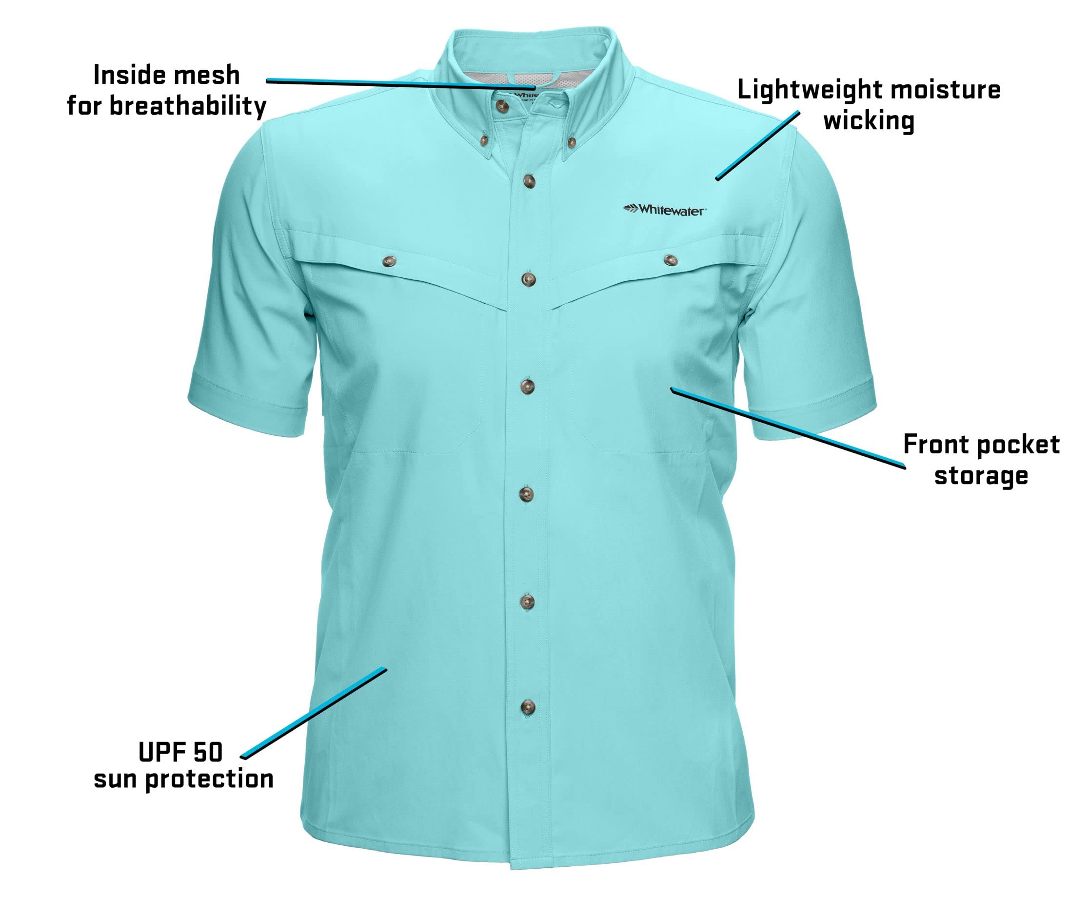Whitewater Lightweight Moisture Wicking UPF 50+ Sun Protection Fishing Shirt for Men - Quick Dry Breathable Performance Shirt for Outdoor Activities, Hiking & Water Sports
