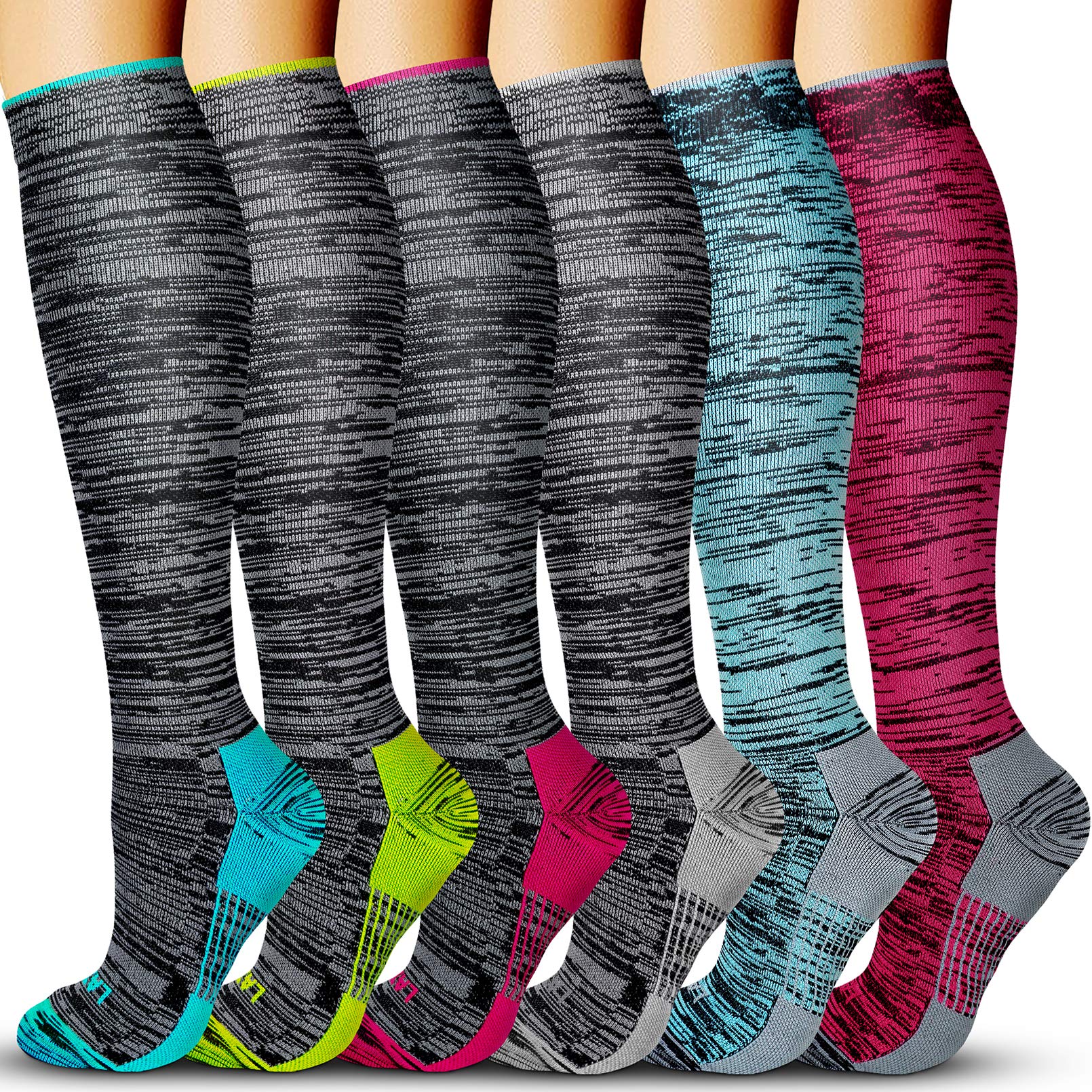 Acture 6 Pairs Compression Socks for Men & Women - 15-20mmHg Graduated Support Socks for Running, Sports, Medical, Pregnancy & Travel - Improve Circulation & Reduce Swelling - Perfect for Athletes, Nurses & Frequent Flyers