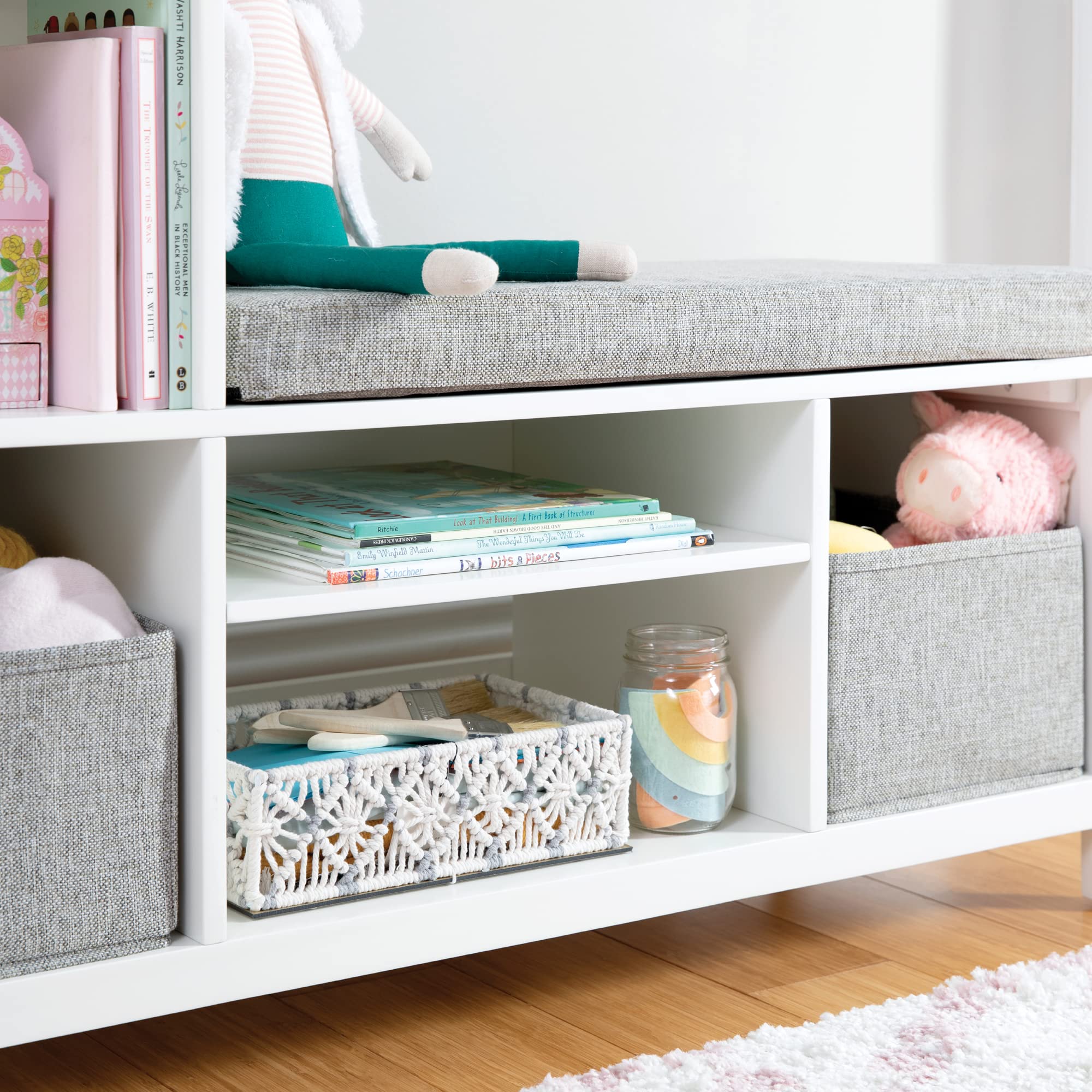 Martha Stewart Kids' Jr. Reading Nook with Storage Bins - Creamy White Wooden Bookshelf & Bench with Open Shelves for Toys, Games, Books | Perfect for Toddler Bedroom, Playroom & Nursery Organization