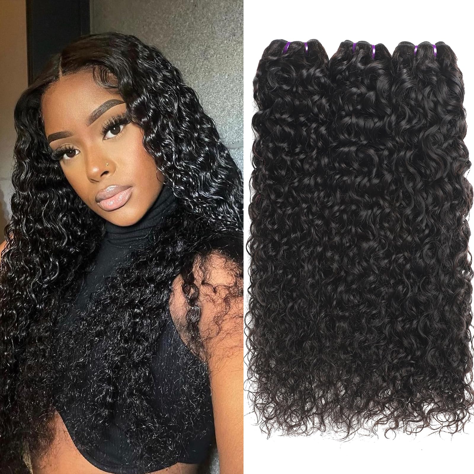 20 Inch Brazilian Virgin Remy Human Hair Bundles - Water Wave 3 Bundles 16A 100% Unprocessed Natural Black Hair Extensions for Styling & Volume | Perfect for Daily Wear, Parties & Special Occasions