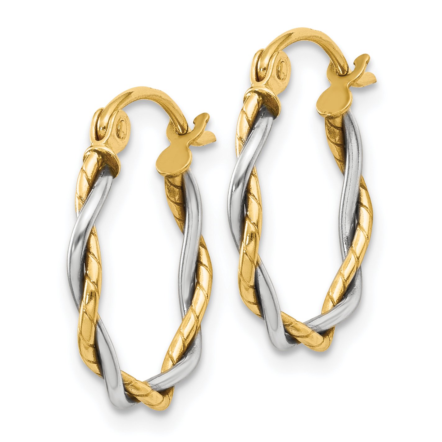 14K Solid Two Tone Gold 1.8mm Twisted Round Huggie Small Hoop Earrings for Women - Elegant Everyday Jewelry for Work, Date Night & Special Occasions