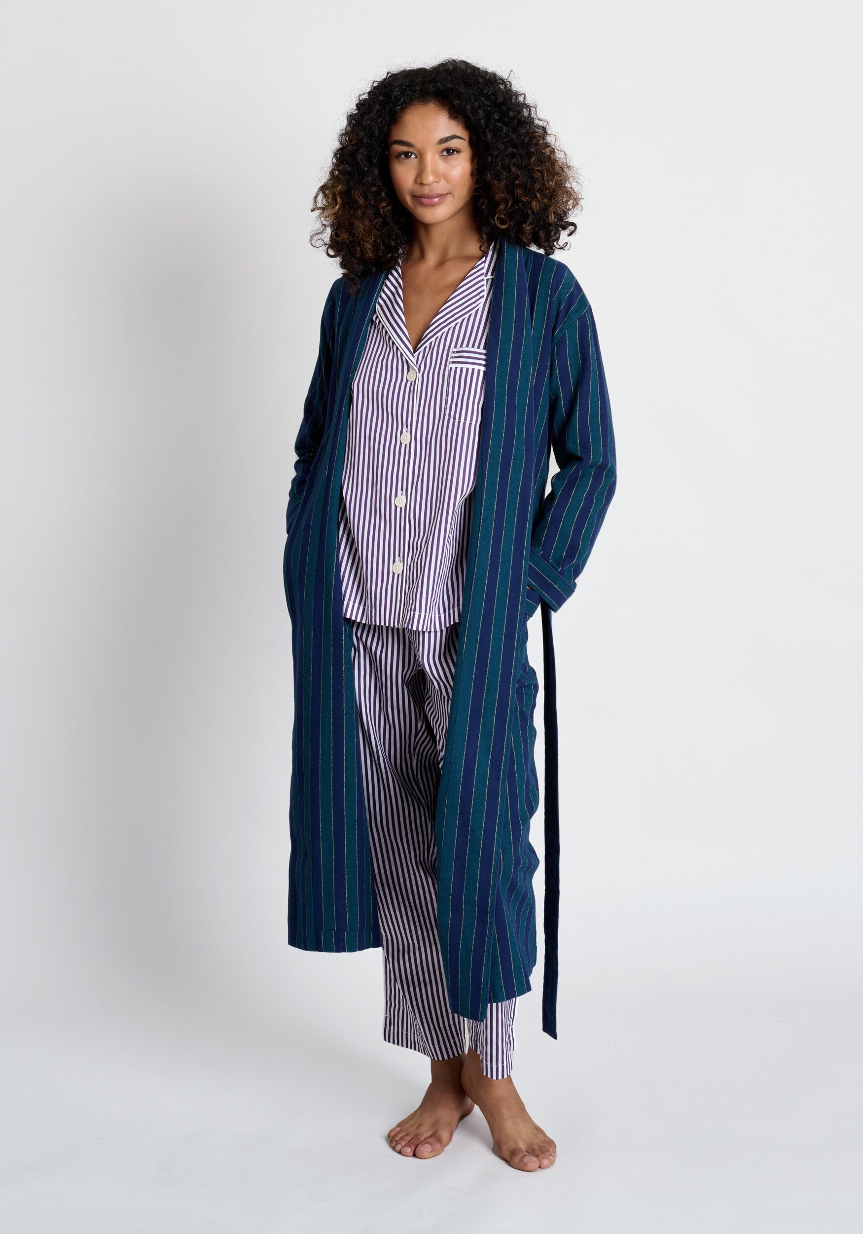 Marianne Long Robe - Soft Flannel Striped Bathrobe for Women in Green, Navy & Gold | Cozy Loungewear for Spa, Relaxation & Winter Comfort