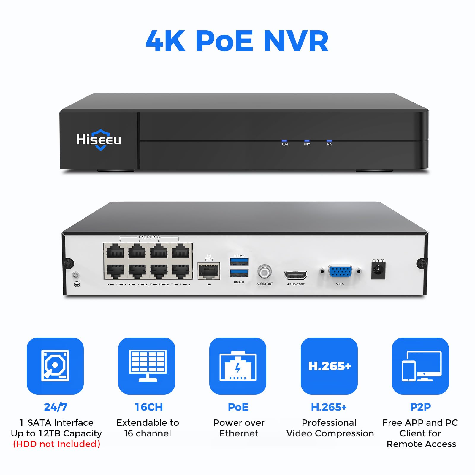 Hiseeu 16 Channel Extendable 8 Port 4K PoE NVR System - Supports 4K/2K/8MP/5MP/3MP/1080P IP Cameras, Remote Viewing, Motion Detection, 24/7 Recording & Smart Playback (No HDD Included) - Ideal for Home Security, Business Surveillance & Property Monitoring