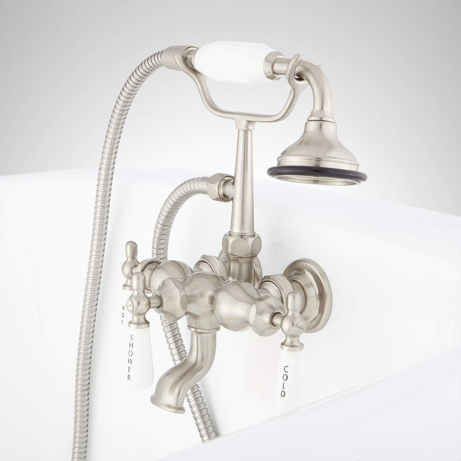 Signature Hardware 154397 Wall Mounted Bathtub Faucet with Porcelain Handles - Includes Hand Shower & Valve - Brushed Nickel Finish for Modern Bathroom Renovation & Spa Experience