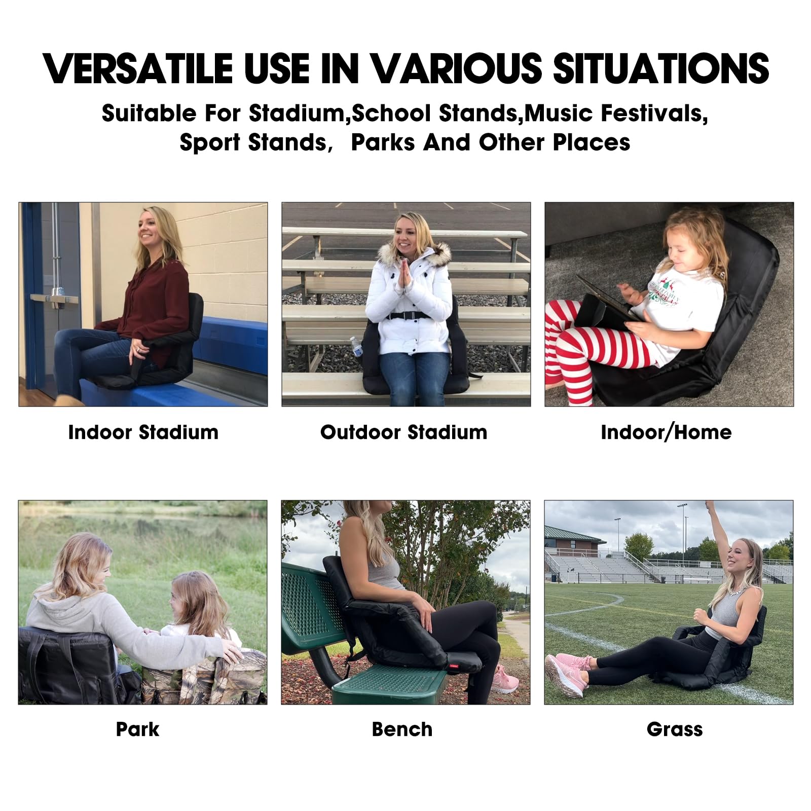 HITORHIKE Stadium Seat 2-Pack - Portable Reclining Bleacher Chairs with Padded Cushion, Back & Armrest Support - Perfect for Football Games, Concerts, and Outdoor Events