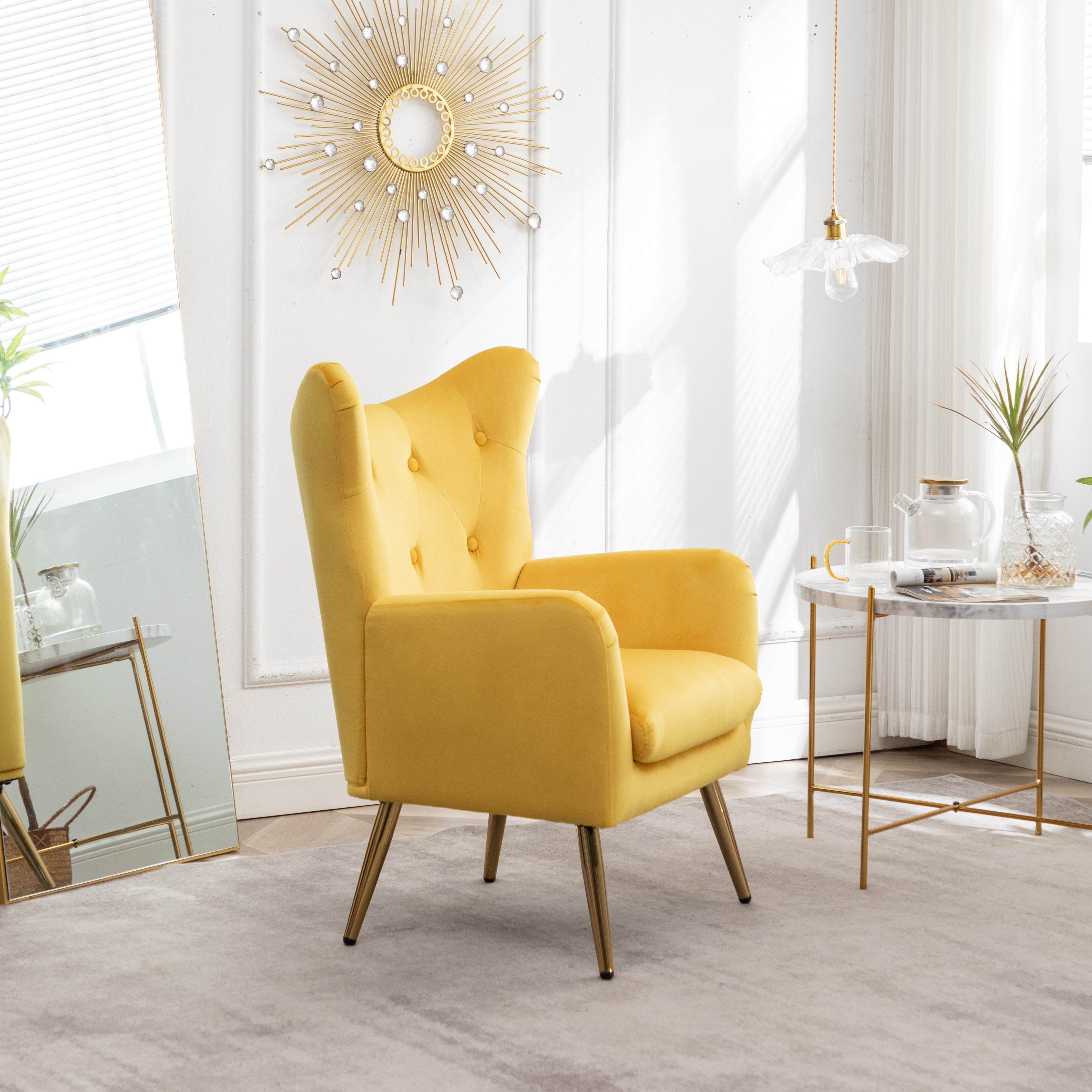 Roundhill Furniture Sovarol Velvet Button Tufted Wingback Accent Chair - Luxurious Yellow Velvet Upholstery for Living Room, Bedroom & Home Office Decor