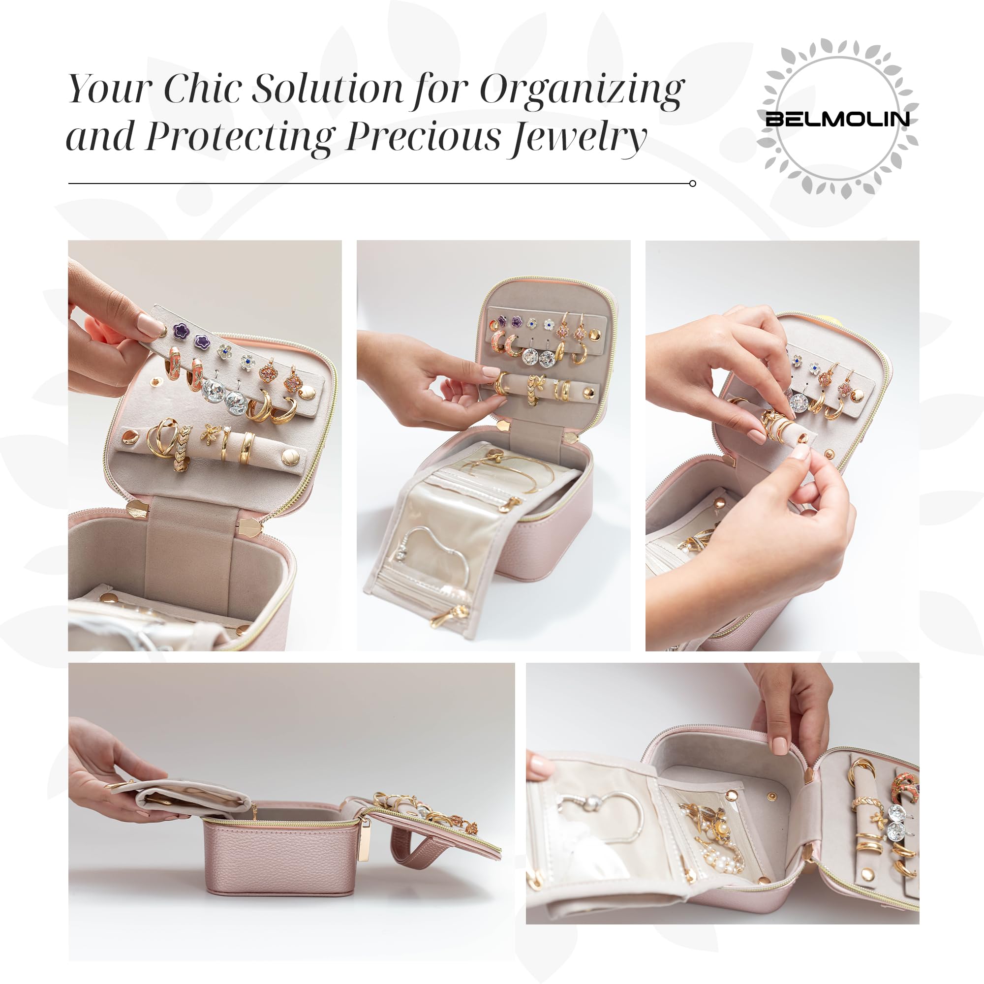 Premium Leather Travel Jewelry Organizer Case - Anti-Tangle Jewelry Storage Box for Women - Portable Jewelry Organizer with Multiple Compartments - Perfect for Vacations, Business Trips & Daily Use (Elegant Pearl Pink)
