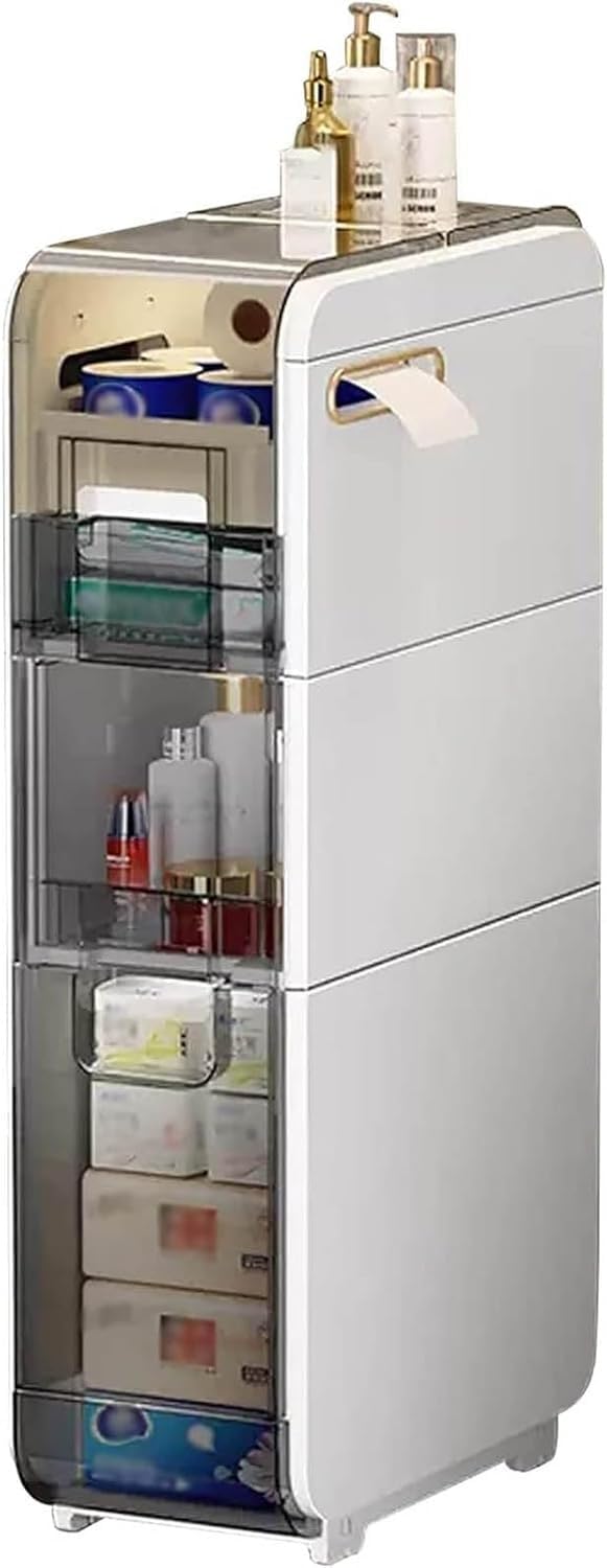 Waterproof Slim Storage Cabinet with Clear Drawers - 3 Tier Narrow Tall Storage Tower Organizer for Bathroom, Kitchen & Small Spaces - Free Standing Toilet Paper Holder & Home Organization Solution